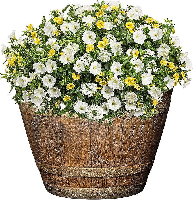 Classic Home and Garden Whiskey Plastic Resin Flower Pot Barrel Planter, Oak Brown, 15"