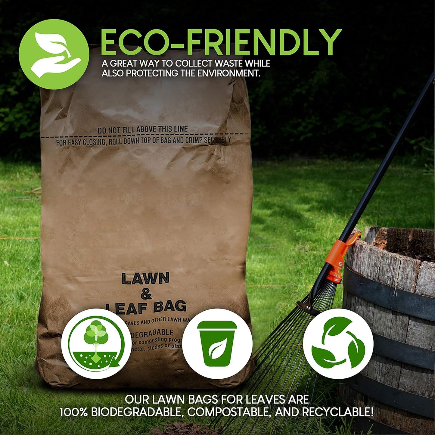 30 Gallon Kraft Lawn and Leaf Bags (20 Pack) Eco-Friendly Heavy Duty Large Paper Trash Bags, Made in the USA Tear Resistant Yard Waste Bags for Grass Clippings, Wet and Dry Leaves, Weeds, Twigs