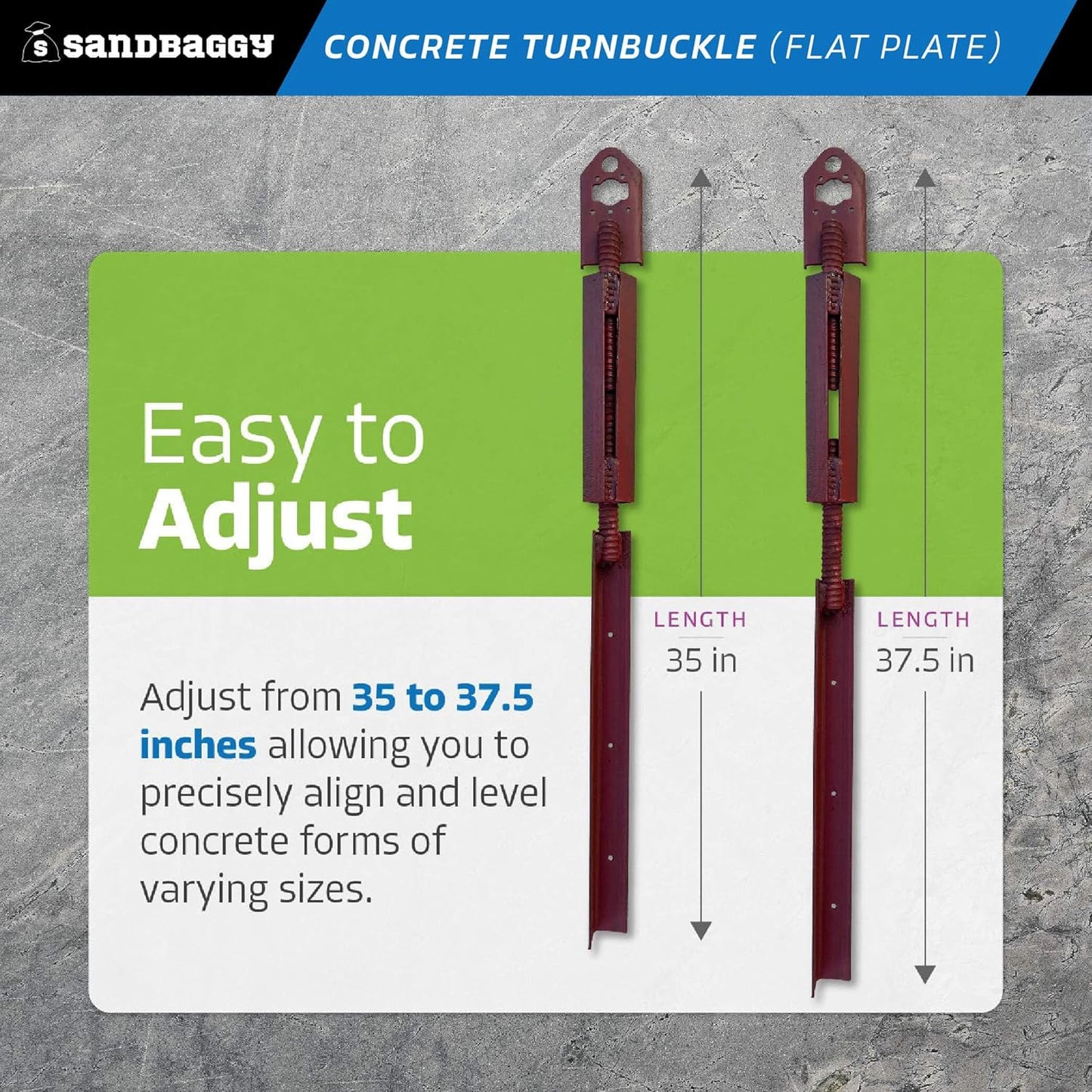 Sandbaggy Concrete Turnbuckle Form Aligner with 5" x 3" Flat Plate (35" - 37.5" Length) - Rust Resistant Steel - Adjustable Wall Brace - Aligns & Plumbs Form Walls, Columns, or Beams (35 inches, 10)