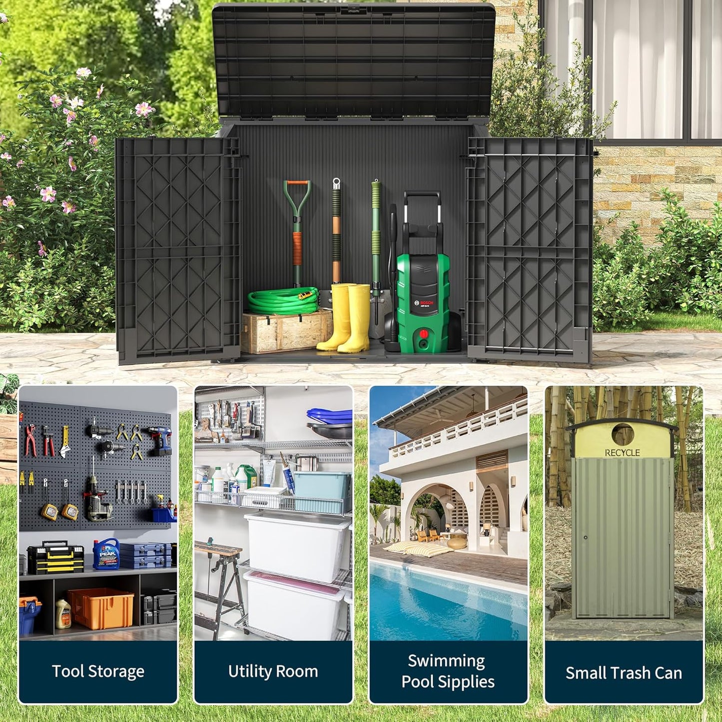 KAMABOKO Outdoor Storage Cabinet 36 Cu.Ft Outdoor Trash Can Storage Shed Waterproof Horizontal Storage Shed Outdoor Storage for Backyard, Patio, Poolside (Black)