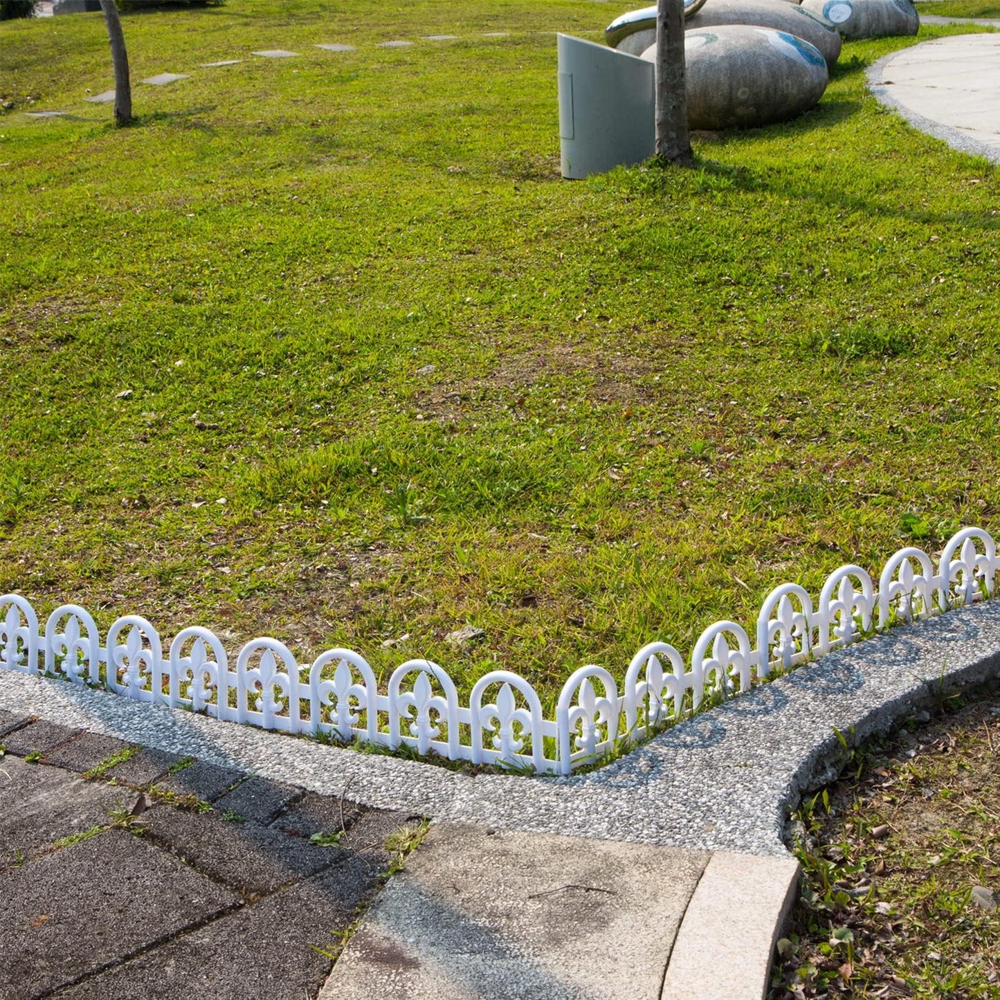 Evelyne White Garden Border Plastic Edging: Wrought Iron Design - 27pcs White Yard Landscaping Fence Liner Lawn Edge Barrier - 35ft Kit of Decorative Lawn Landscape Panels Elements