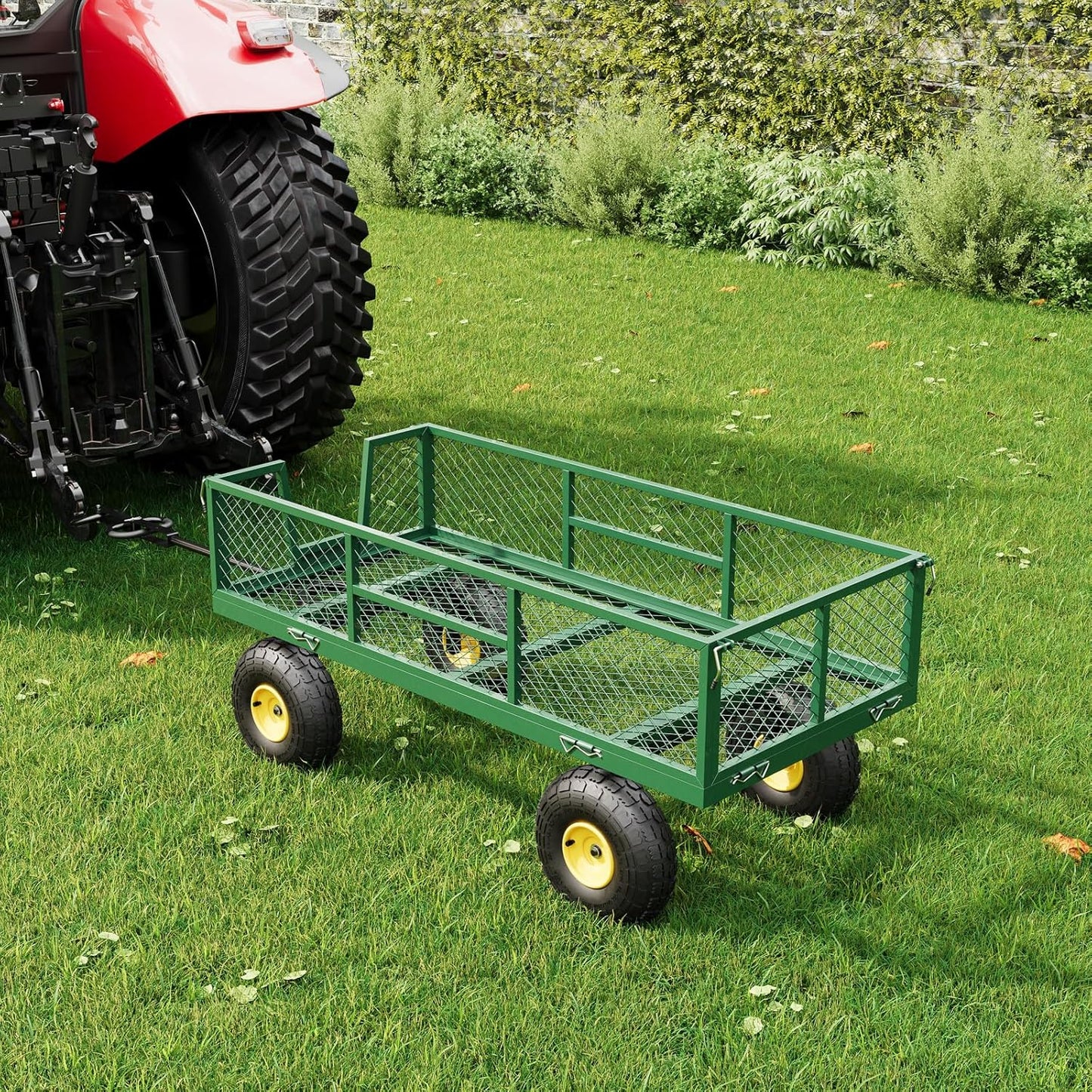 900 LBS Garden Cart on Wheels with Adjustable Handles, Heavy Duty Steel Garden Wagon with Removable Mesh Sides to Convert into Flatbed, Wagon Cart for Lawn Farm Yard, Green