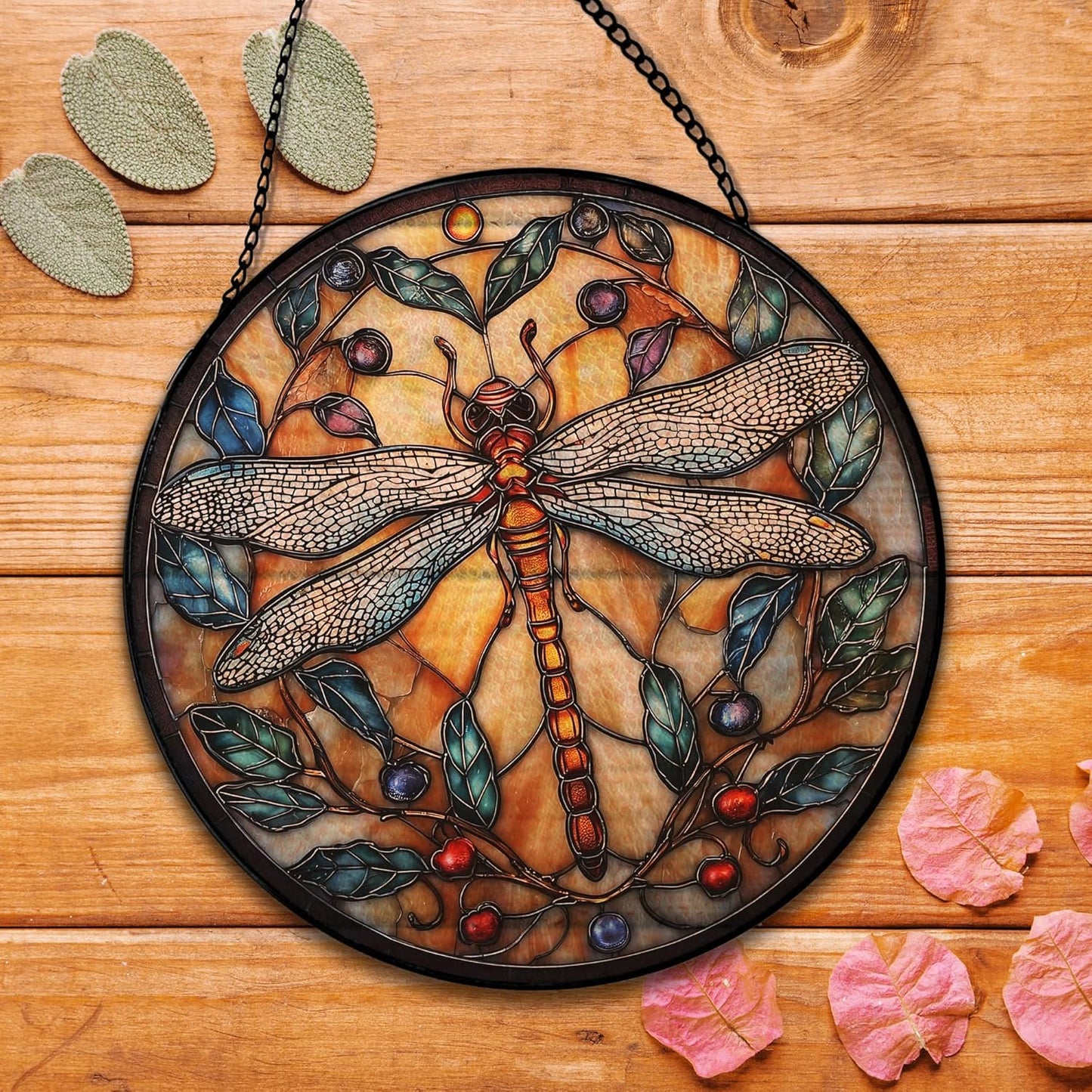 Dragonfly Suncatcher Stained Glass Garden Window Hanging, Dragonfly Sun Catchers Indoor Window Glass Round Wall Decor, Nature Insect Wall Art Hanging Decorations, "7.8x7.8"