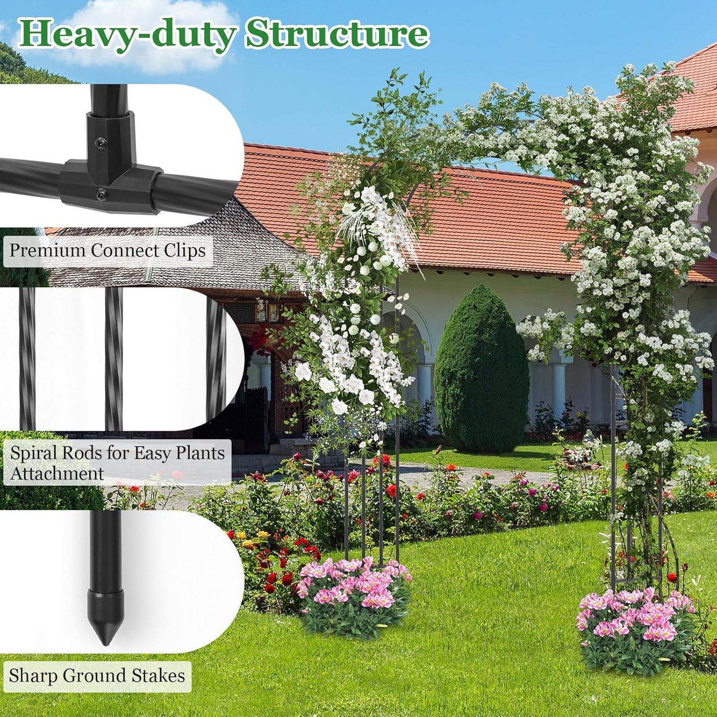 Happygrill Garden Arbor, 95" Metal Archway Pergola w/PE Wrapped Steel Pipes, Ground Stakes, Spiral Rods Design for Climbing Plants Roses, Outdoor Arch Trellis for Lawn Backyard Wedding Ceremony