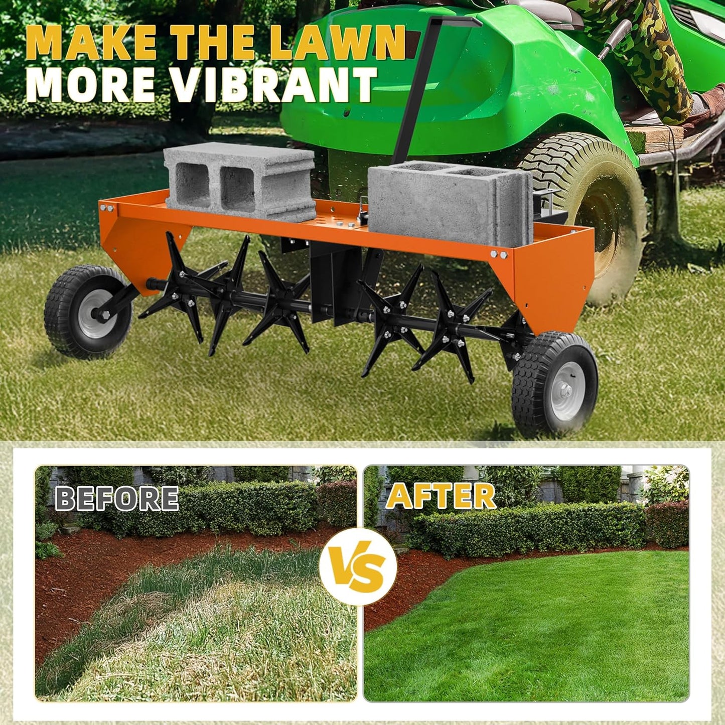 40" Lawn Aerator Tow Behind, Pull Behind Aerator with Universal Hitch, 24 Galvanized Steel Tines, Tray and Pneumatic Tires, Plug Behind Aerator is Suitable for Gardens, Lawns and Farms