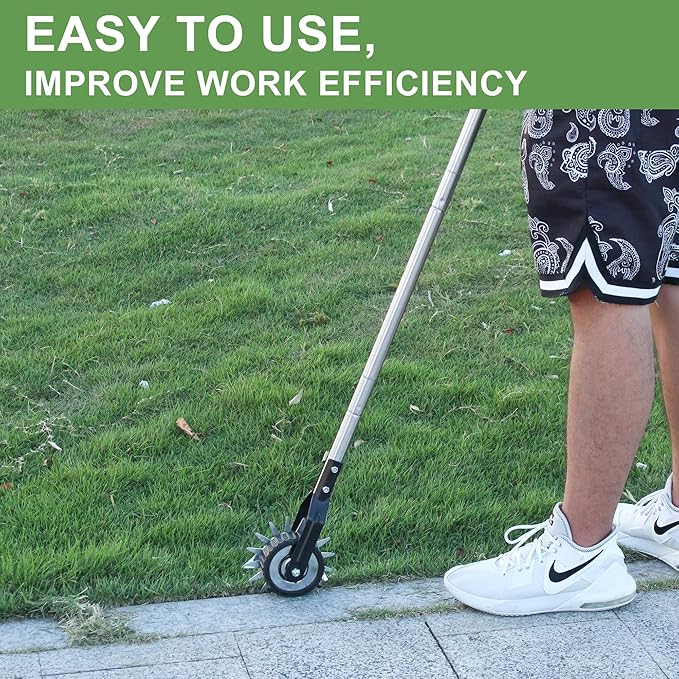 Wheel Rotary Edger, Rotary Shear, Sidewalk Manual Lawn Edger, Strong 3 Sections Stainless Steel Handle with Cushion Grip, 58.3-Inch