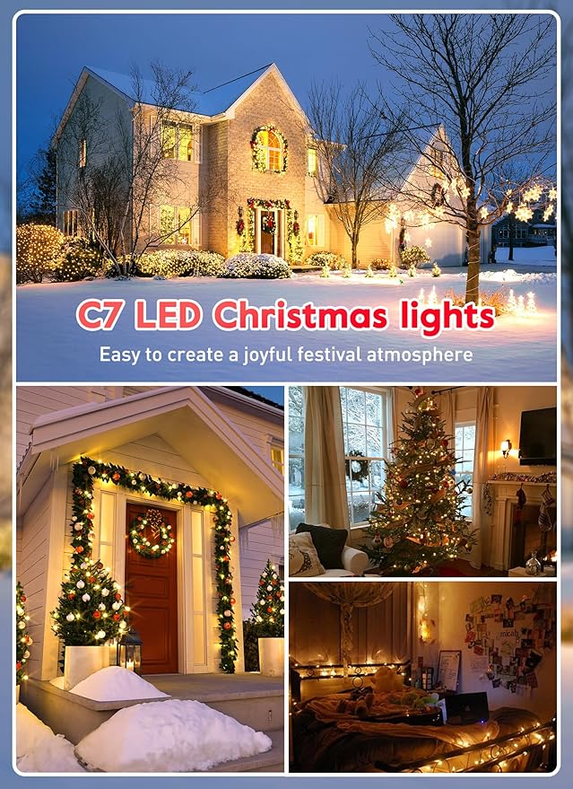50FT C7 LED Christmas Lights, Outdoor Vintage String Lights with 52 Bulbs(2 Spare), Commercial Hanging Christmas Lights for Xmas Holidays Roofline Patio Garden Party Wedding Decor