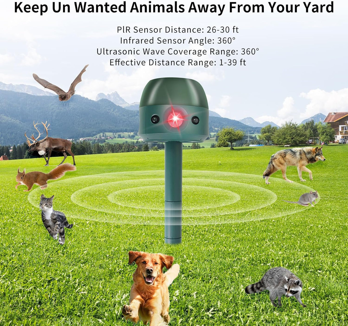 Ultrasonic Solar Animal Repeller for Yard, 5 Modes Outdoor Cat Squirrel Repellent with Motion Sensor, Flame Light, Motor Vibration, Deterrent for Deer Skunk Dog Snake Gophers for Yard Garden