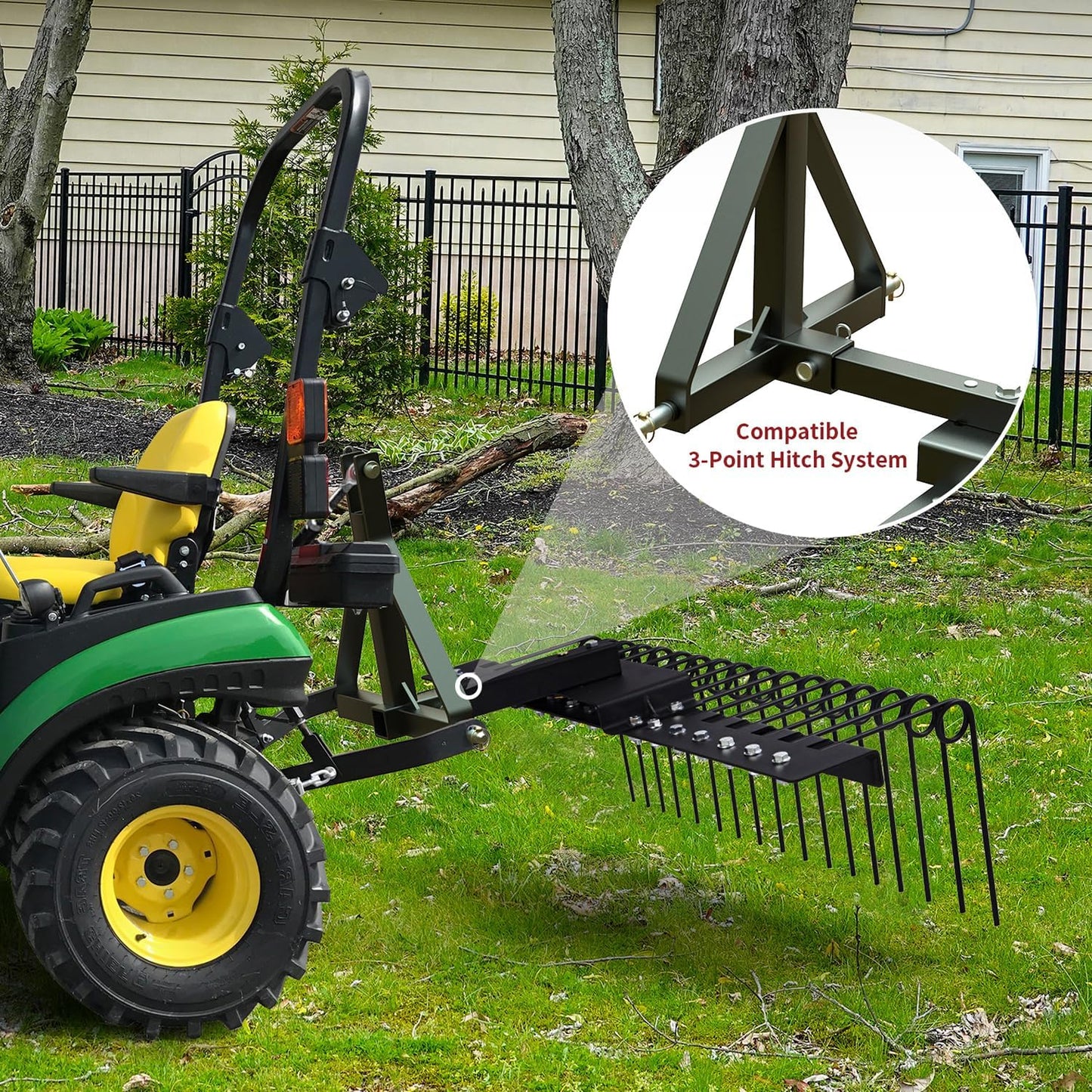 48" Durable Pine Straw Rake Steel Spring Landscape Rake Fits 2" Receiver for Lawn Tractors or ATV/UTV Black