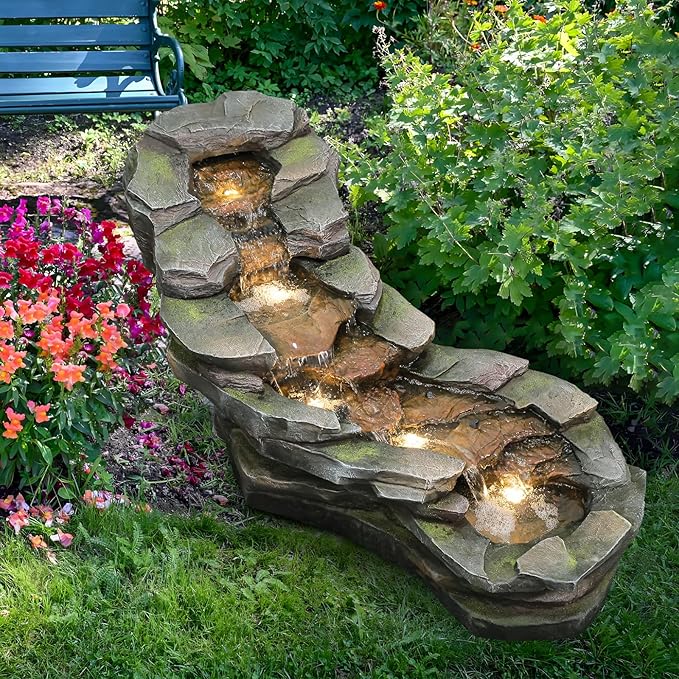 49" L Water Fountain Outdoor 5-Tiers Rock Natural Waterfall Fountains Floor Standing Water Features with LED Lights for Garden, Patio, Porch, Home Art Decor