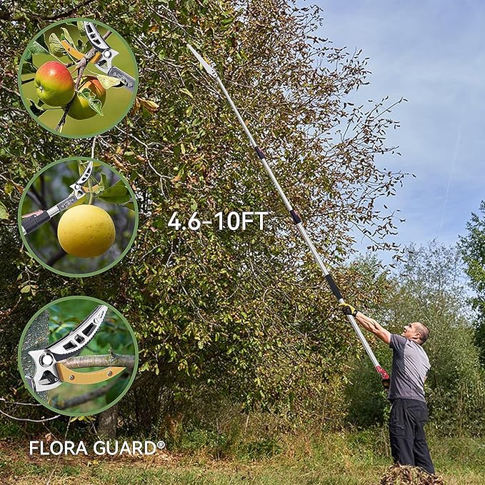 FLORA GUARD 4.6-10ft Extendable Tree Pruner,Cut and Hold Pruning Trimmer - Long Reach Pole Saw, Telescoping Fruit Picker, Branches Bypass Lopper - Lightweight Tree Trimmers Long Handle Pruner