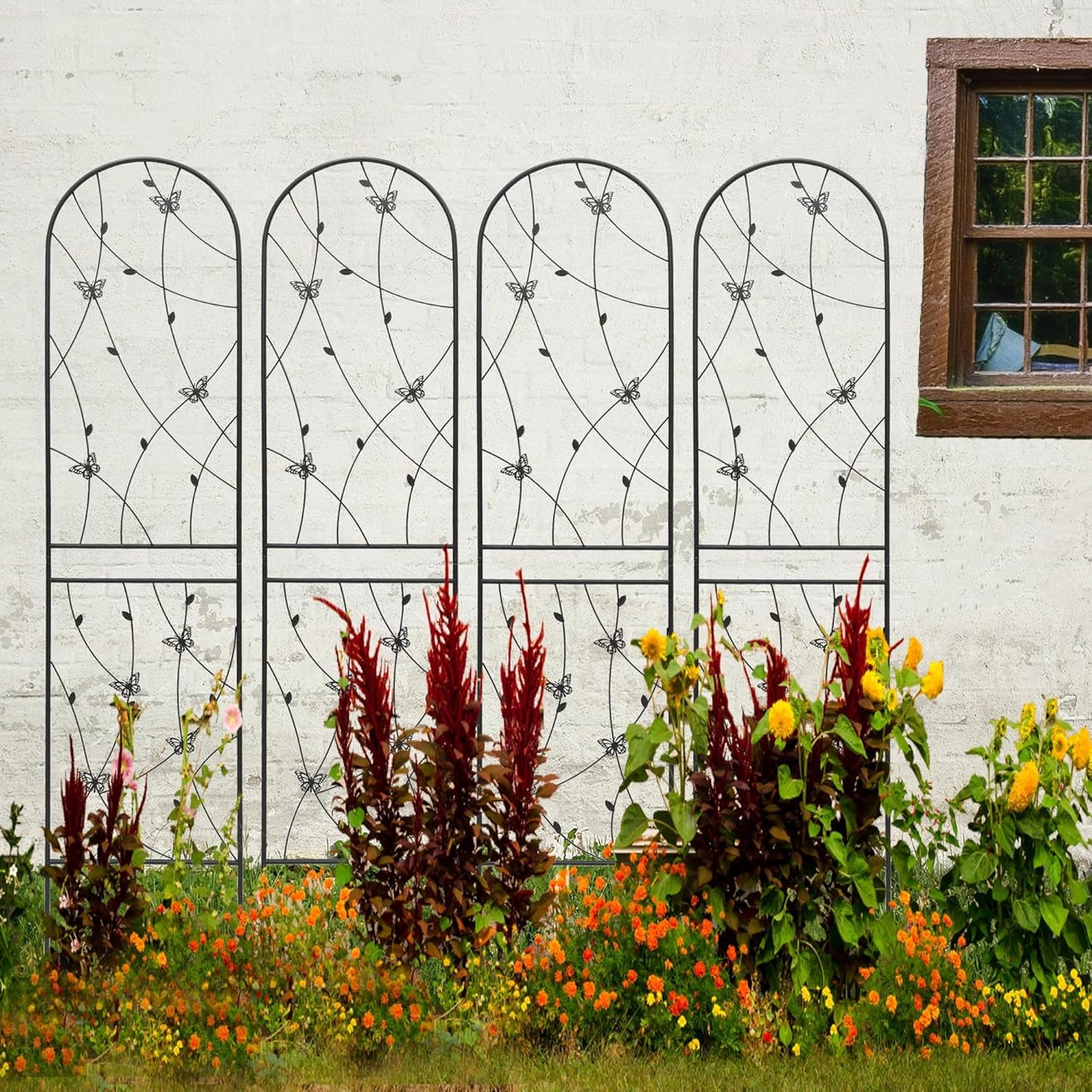 6 Pack Metal Garden Trellis 86.7" Tall Outdoor Climbing Plant Support for Roses, Flowers, Rustproof Durable Black Galvanized Tube, Lawn Garden Fence Decor Screen, 86.7" H