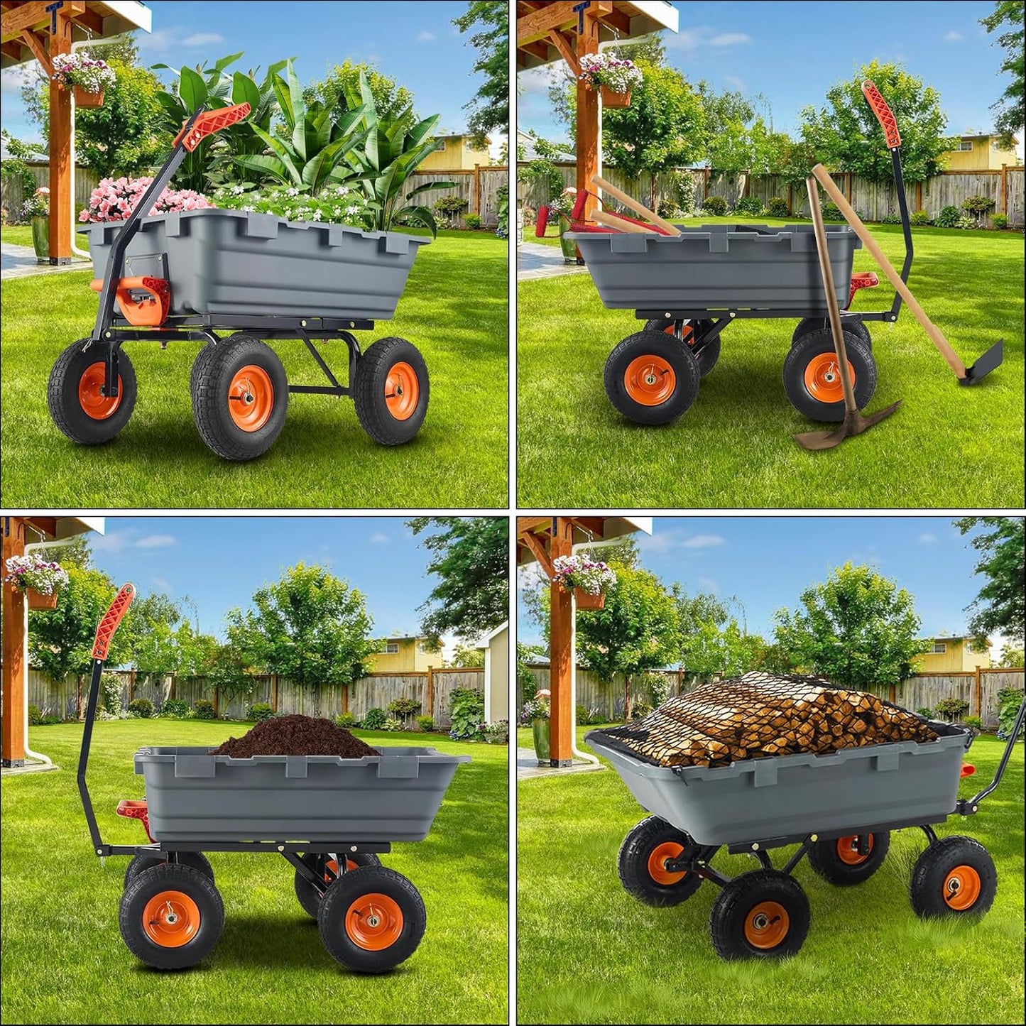 Garden Dump Cart,800lbs Heavy Duty Poly Yard Dump Garden Cart,with 10-Inch Tires,180° Rotating Handle,Steel Frame and Quick Release System for Garden,Lawn,Barn,Farm