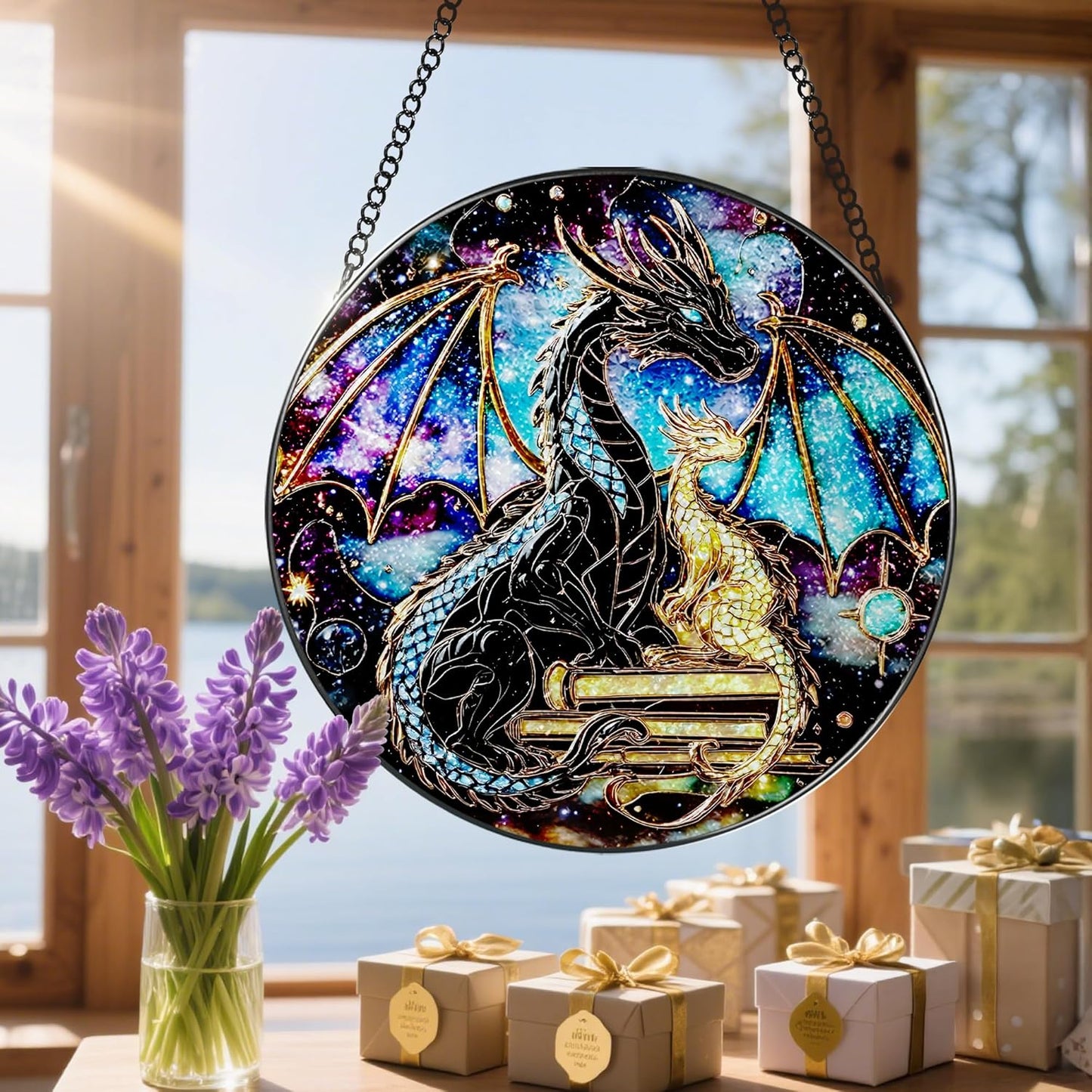 Stained Glass Window Hanging, 8 Inch Dragon Stained Glass Suncatcher, Sun Catchers Indoor Window, Suncatchers for Windows Hanging, Book Lover Christmas Ornament, Perfect for Bookworms
