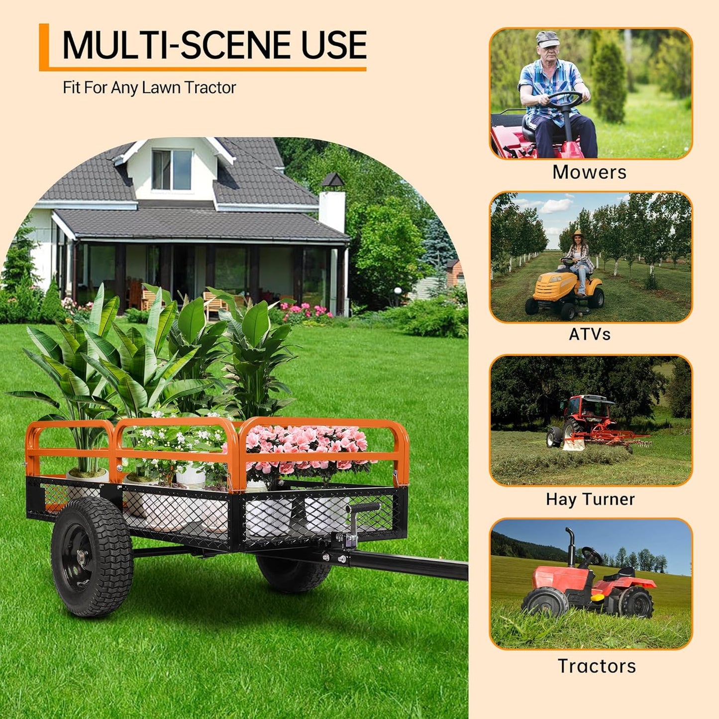 Heavy Duty Steel Dump Cart, 1500 Lbs Utility Garden Trailer, ATV Dump Trailer with Removable Sides, 15 Cubic Feet HD Agricultural Trailers for Tractor Lawn Mower Garden
