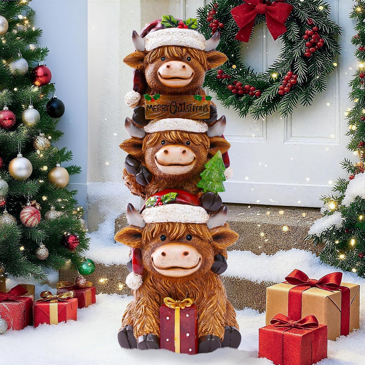 Christmas Highland Cow Decor with Solar Light Triple Highland Cow Christmas Decorations Gifts for Women Mom Funny Highland Cows Garden Statues for Garden Patio Lawn Yard Decor(Multicolor)