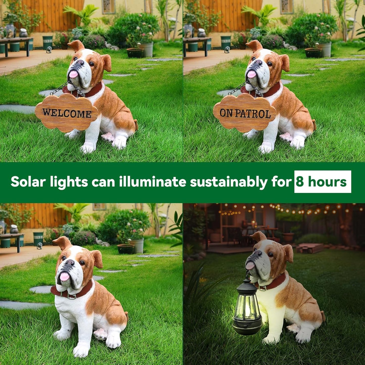 English Bulldog Statue Outdoor Decorations – Outdoor Dog Statue Fawn English Bulldog with Replaceable Solar Light & Welcome Sign for Porch Décor