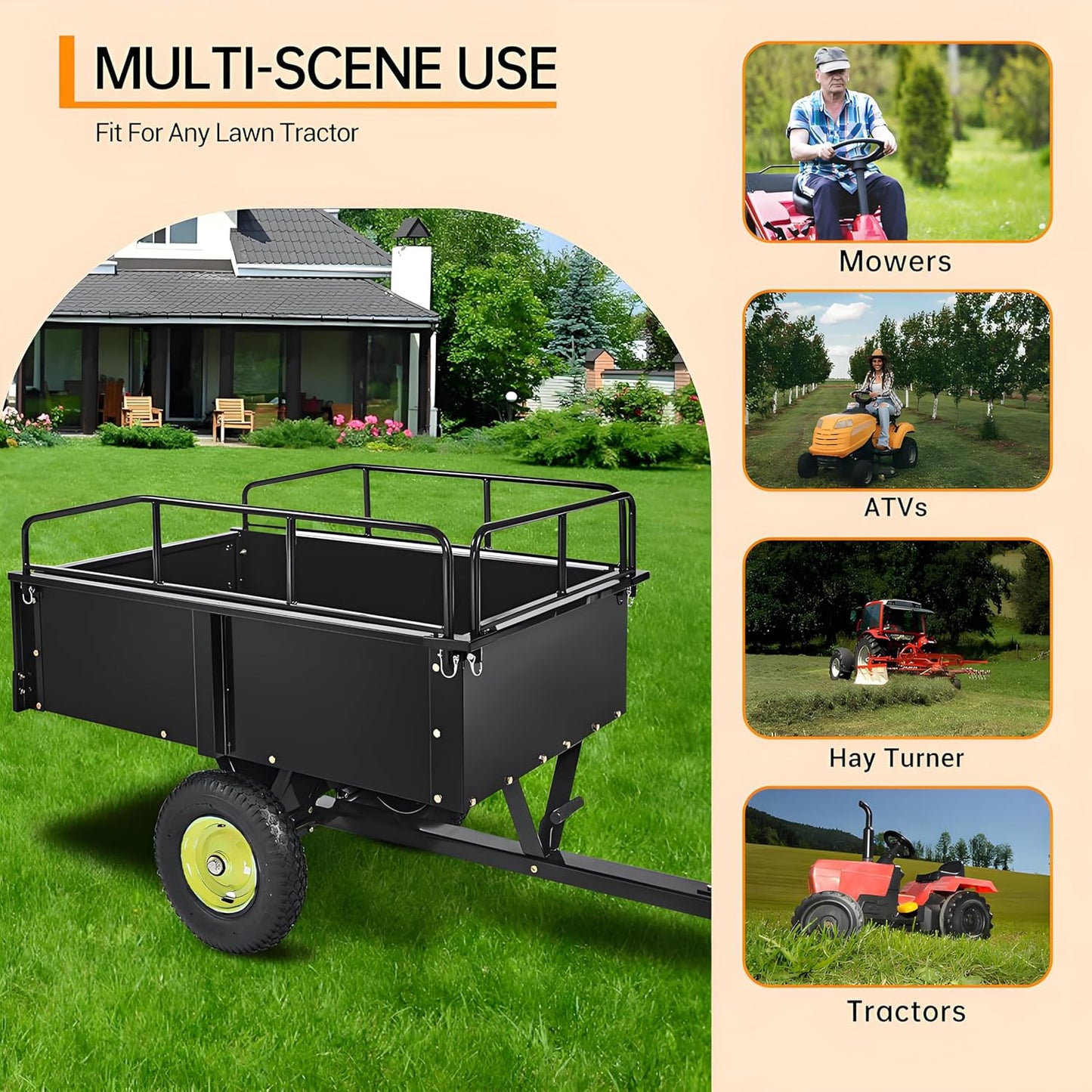 GarveeLife Utility Trailer, ATV Steel Garden Trailer, 750 Lbs 15 Cu.Ft. with Removable Sides, Pneumatic Tires and Quick Dump Pull Back, Heavy Duty Lawn Mower Trailers for Lawn Mowers, Tractors, Farm
