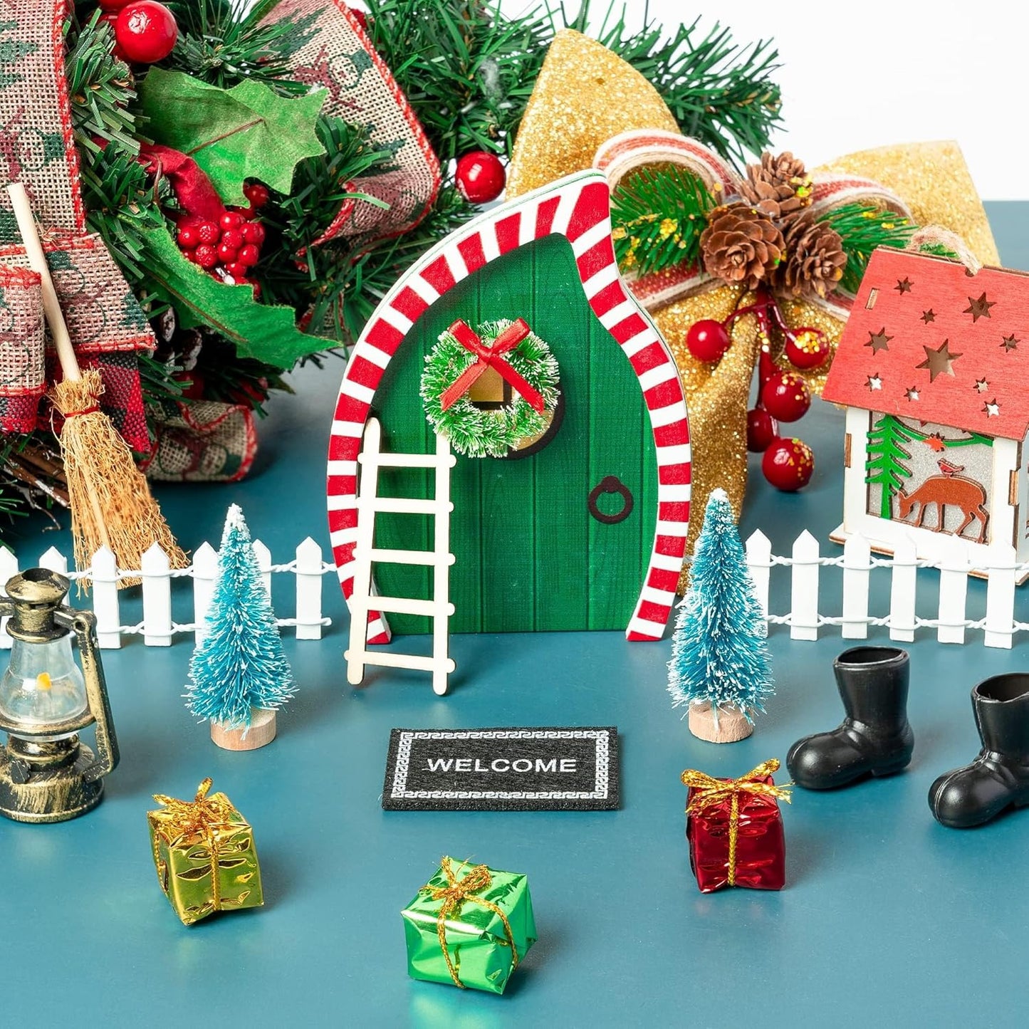 Haooryx Christmas Elf Garden Miniatures - 16Pcs Christmas Elf Magic Fairy Doors Decoration Kit Wooden Miniature Fairy Doors Wall Fairies Christmas Winter Xmas New Year Decor(Bevel Angle Doorframe)