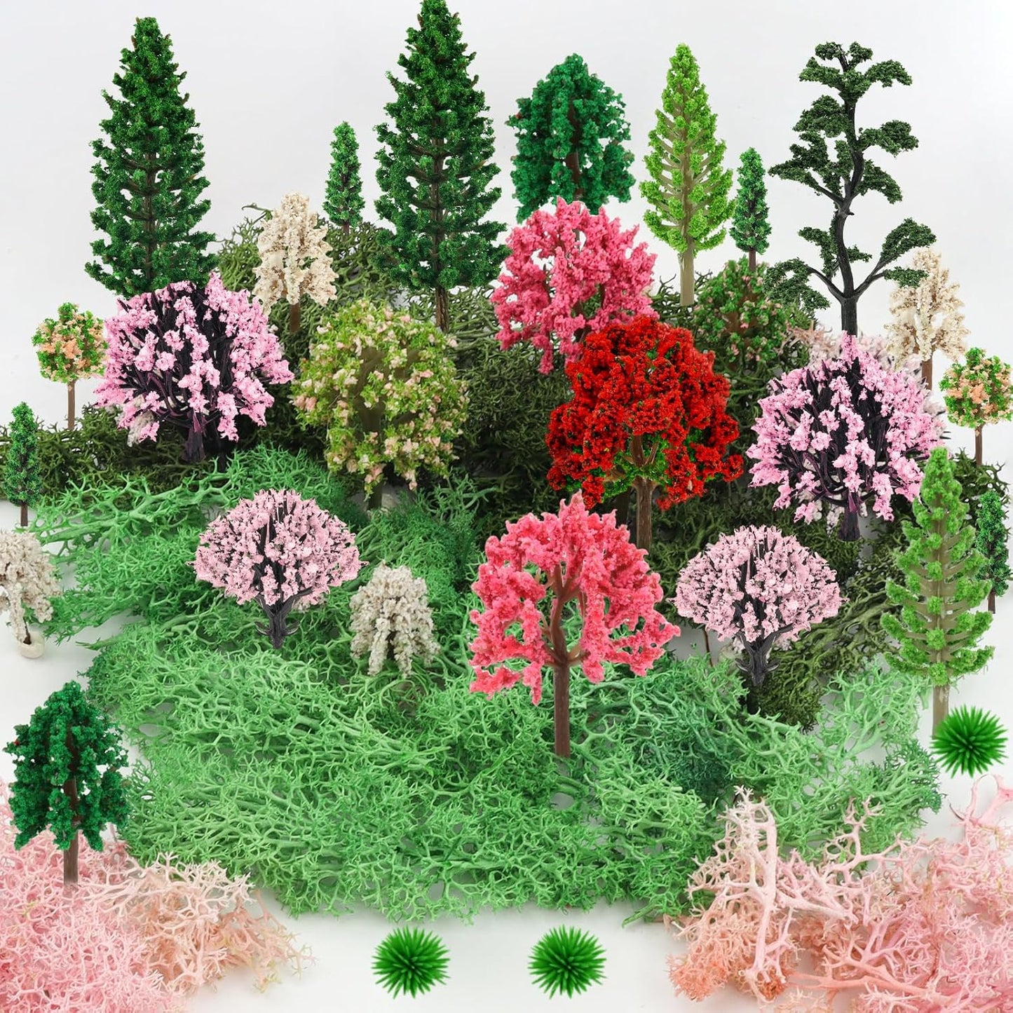 36 Pcs Mixed Model Trees with 40g Moss Pink and Green, Diorama Trees Grass Mini Fake Miniature Trees Moss for Building Model, Model Train Scenery, Natural Green Landscape, Railroad Scenery