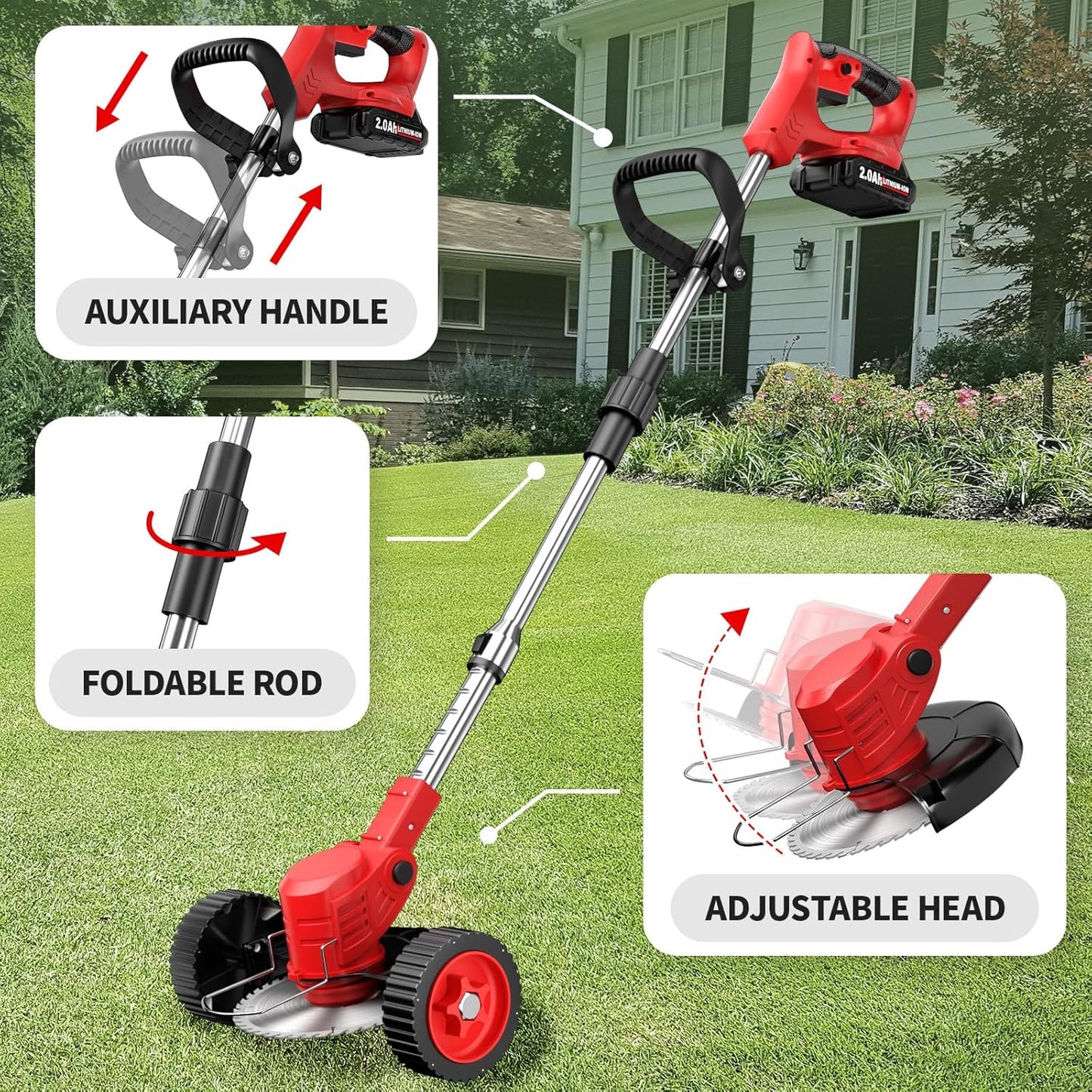 Cordless Weed Wacker, Electric Weed Eater with 4 Types of Blades & 2 * 2.0Ah Batteries, Lightweight Brush Cutter Foldable String Trimmer, Battery Powered Lawn Mover for Lawn Yard (Red)