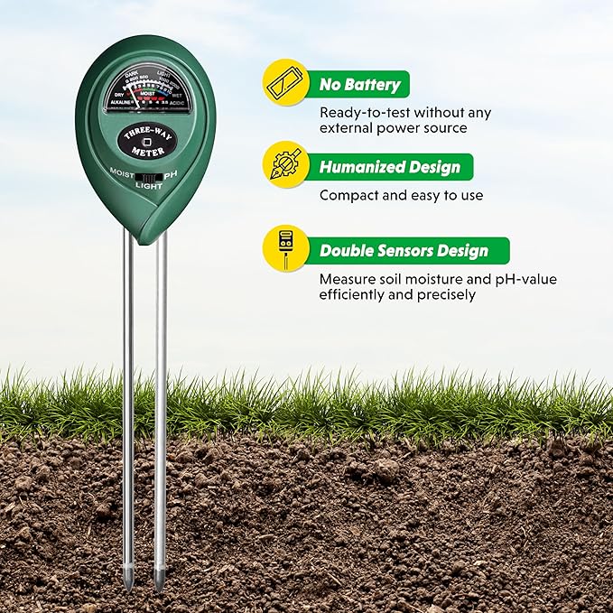 iPower Soil Meter, 3-in-1 Plant Moisture Light PH Tester for Gardening, Farming, Indoor & Outdoor Use, 2 Pack