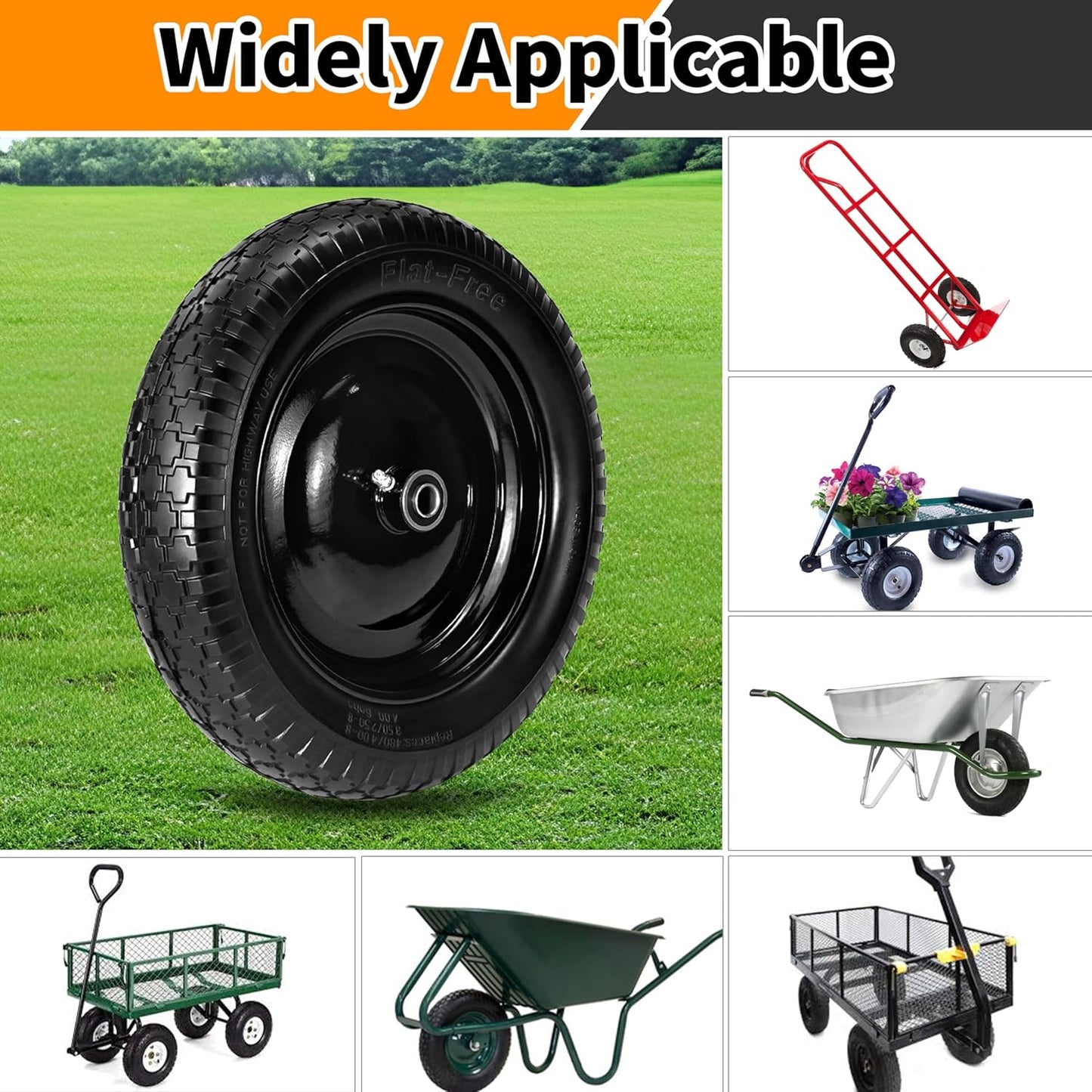 2 PCS 4.80/4.00-8 Flat Free Tire and Wheel, 14.5 Solid Wheelbarrow Tires, 5/8" 3/4" Bearings,3"-7" Centered Hub for Hand Truck, Garden Cart, Universal Fit 4.80/4.00-8, 3.50/3.00-8 4.00-6 etc