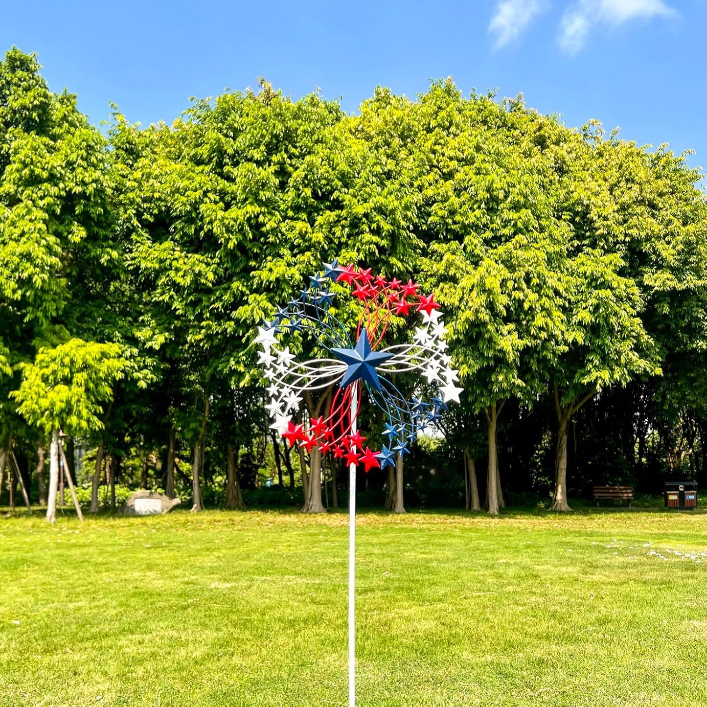 47.3” Red White & Blue Patriotic Wind Spinner – Star Design American Flag Spinner Outdoor – Metal Garden Spinners for Yard, Lawn & Patio Decor
