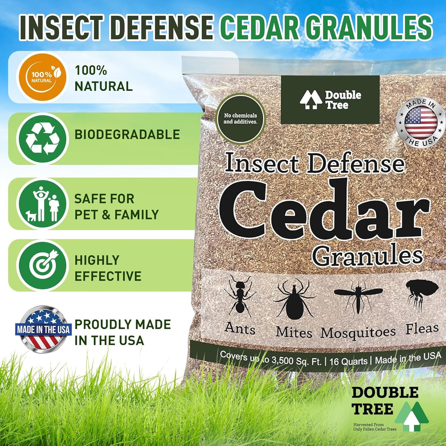 Double Tree Home and Garden Cedar Granules | Repels Fleas, Ticks, Ants, and Mosquitos | Rich Cedar Scent | Non Toxic | Pet Safe | 3 Bags (48 Quarts)