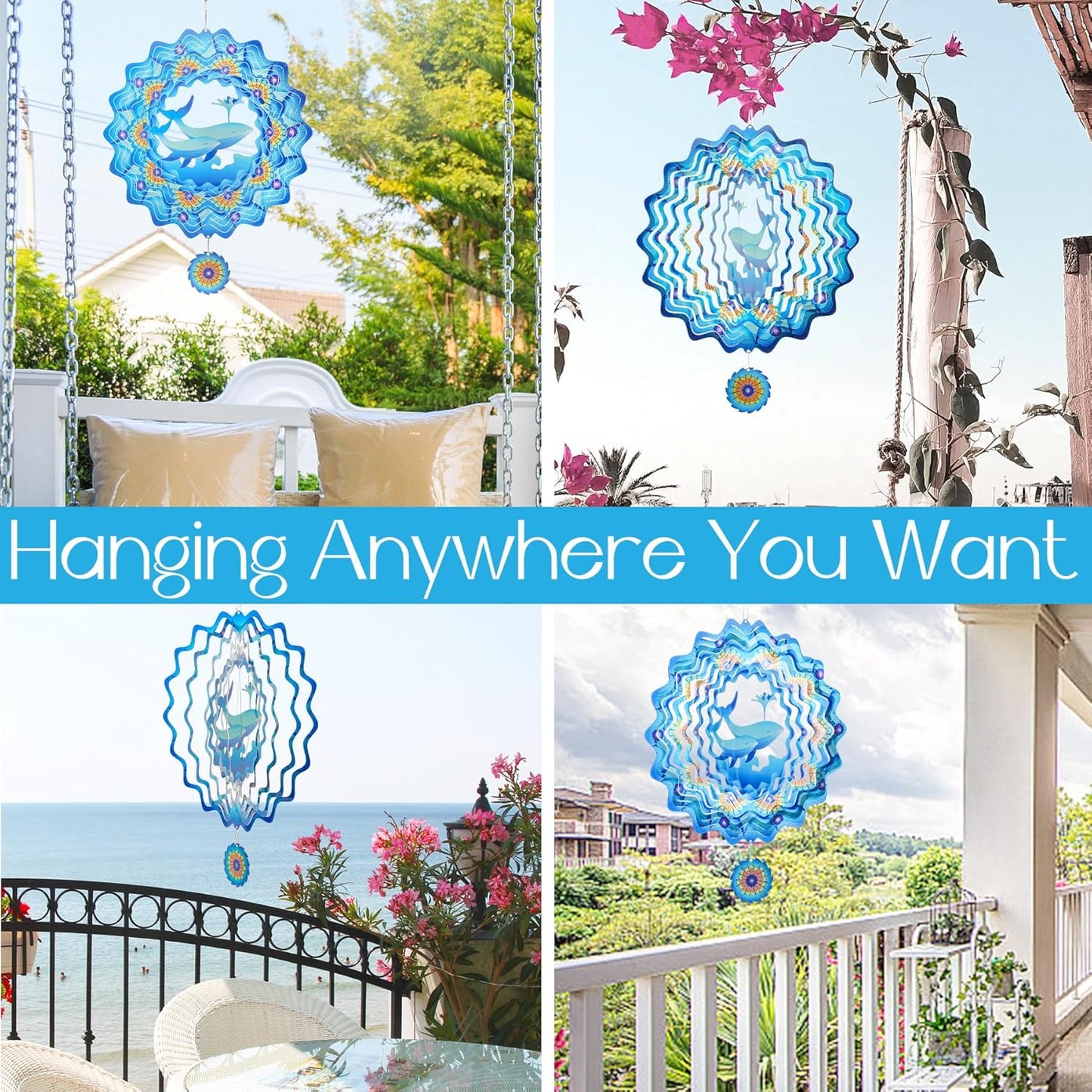 Whale Wind Spinners Garden Yard Decor Gift for Women Men, 12 Inch Outdoor Metal 3D Wind Spinner, Stainless Steel Hanging Wind Catchers Kinetic Sculpture for Outside Decoration