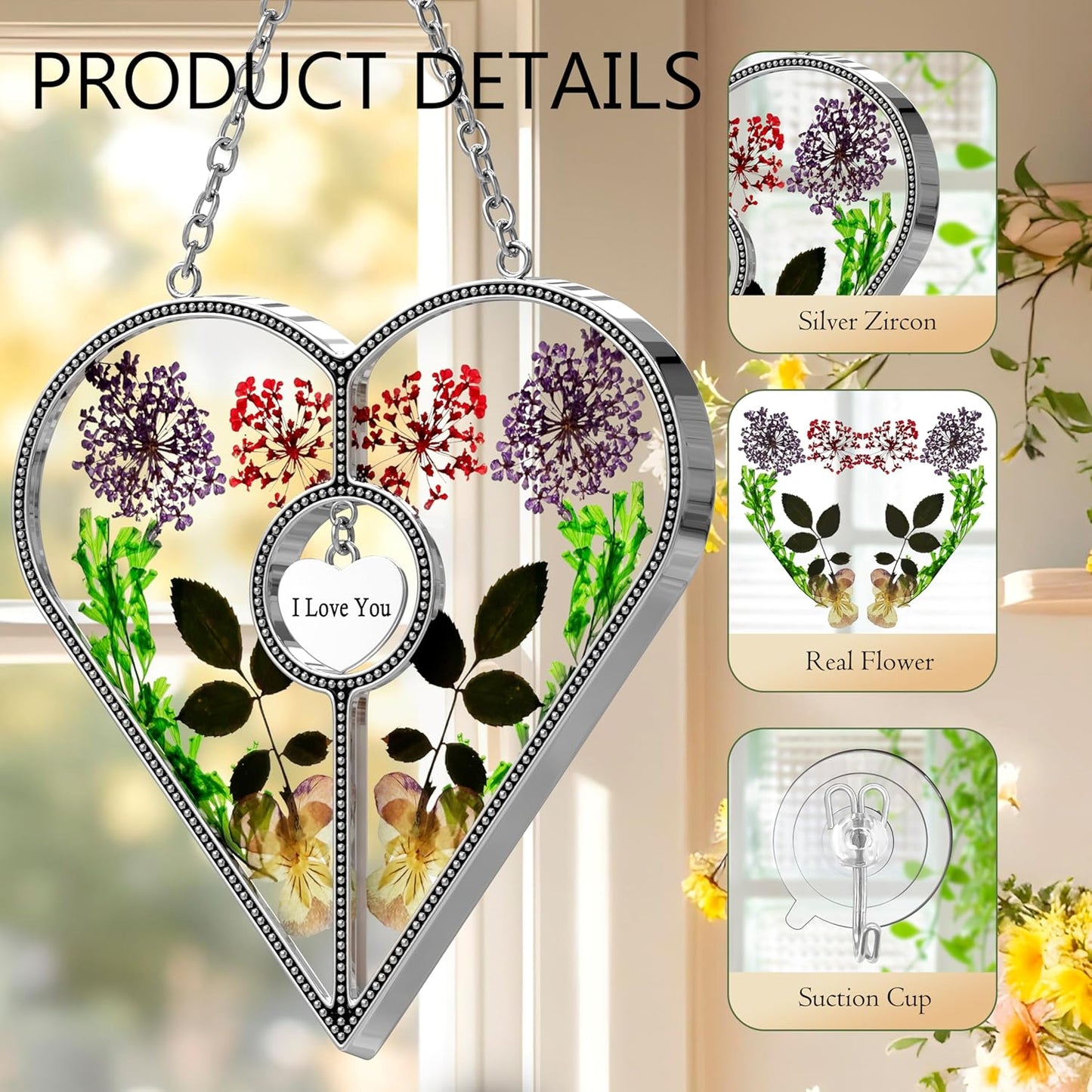 KY&BOSAM Heart Suncatcher Mom Gifts Stained Glass Panels for Windows Hangings Wind Chime with Pressed Flower and Metal I Love You Heart Charm Windows Indoor Trees Wedding Party Home Decoration