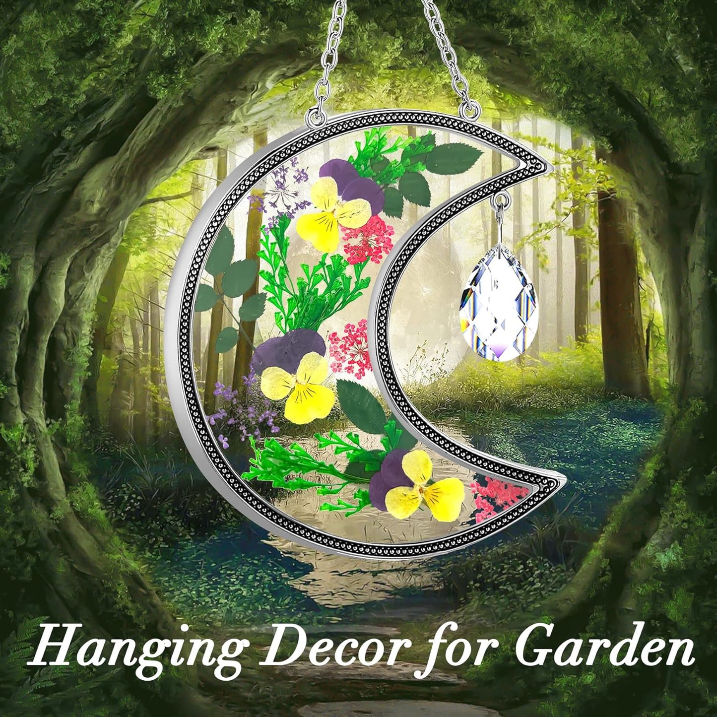 KY&BOSAM Moon Suncatcher Gifts for Mom Family Friends Stained Glass Suncatchers for Windows Hangings Wind Chimes with Real Flower Colorful Crystal Outdoor for Garden Indoor Home Christmas Trees Decor