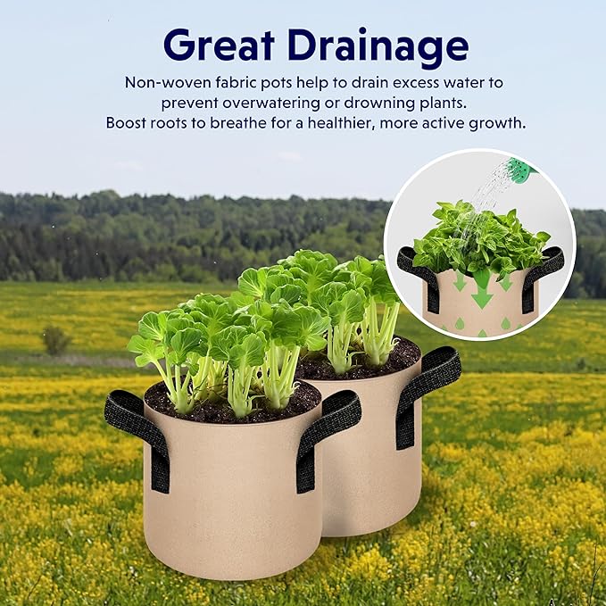iPower 5-Pack 2 Gallon Plant Grow Bags Thickened Nonwoven Aeration Fabric Pots Heavy Duty Durable Container, Strap Handles for Garden, Tan