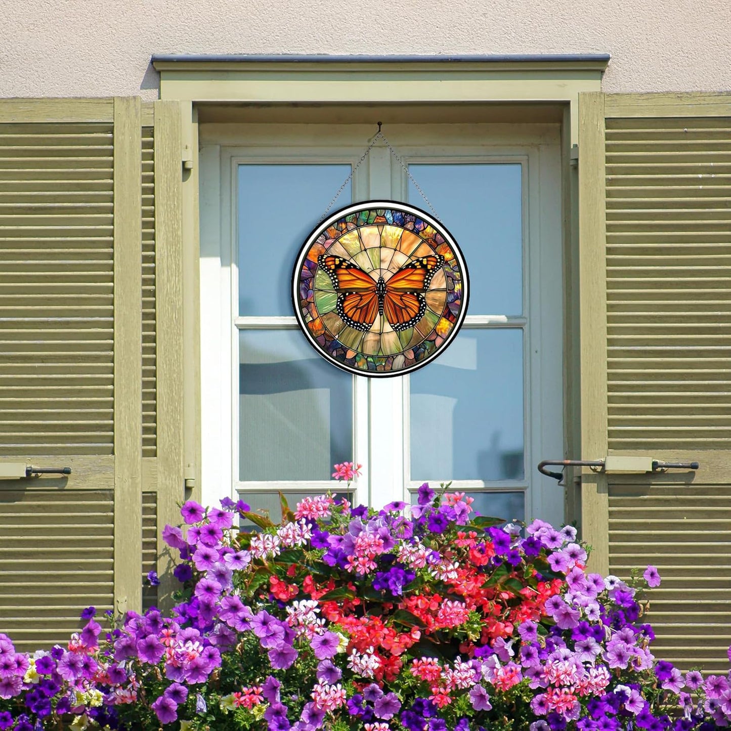 Monarch Butterfly Stained Glass Window Hangings, Cat Butterfly Sunflower Handcrafted Stained Glass Suncatchers, Gift for Cat Lovers Nature Lovers (12”x12”)