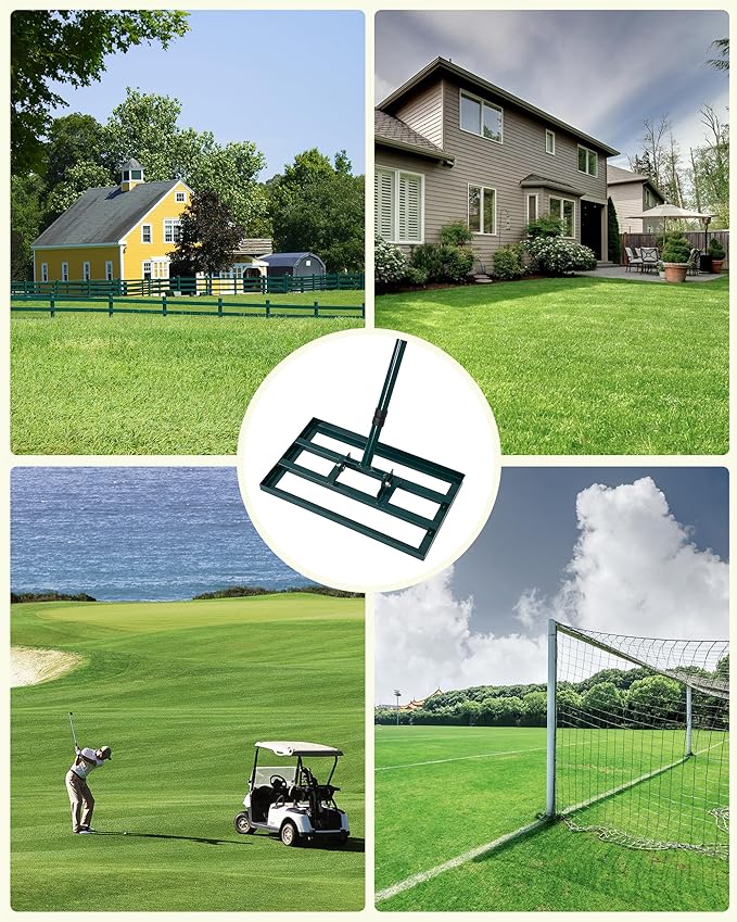 Lawn Leveling Rake,Stainless Steel Lawn Leveler with 17”x10” Ground Plate, 78” Adjustable Long Handle, Heavy Duty Level Yard Tool for Grass, Golf Field, Level Soil or Dirt Ground Surfaces-Green