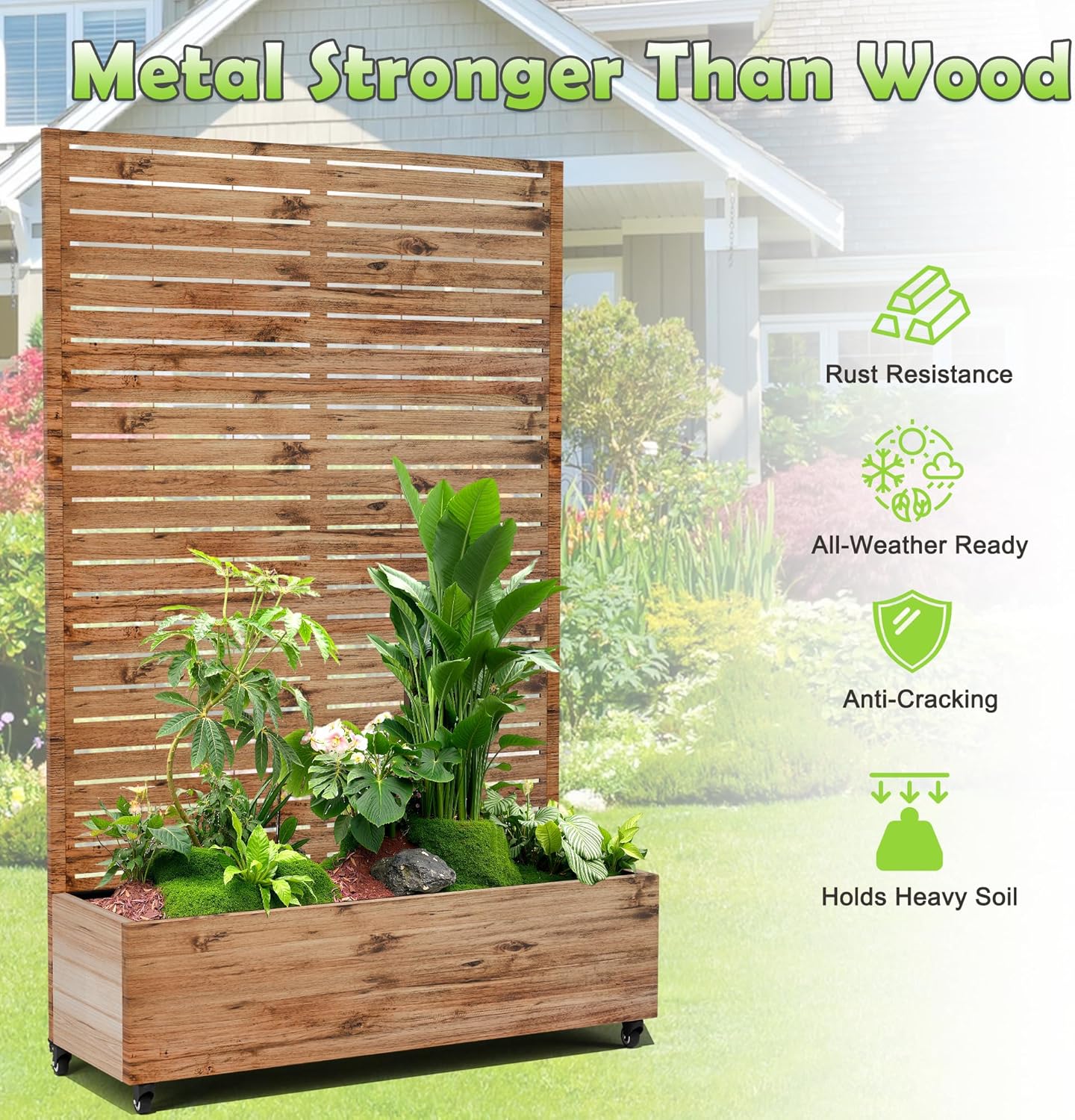 15.7"×70.9"×47.2" Metal Raised Garden Bed with Trellis and Wheels - Tall Trellis Planter Box for Climbing Plants, Vegetables & Vines - Outdoor Privacy Planters for Patio (Natural Wood Grain)
