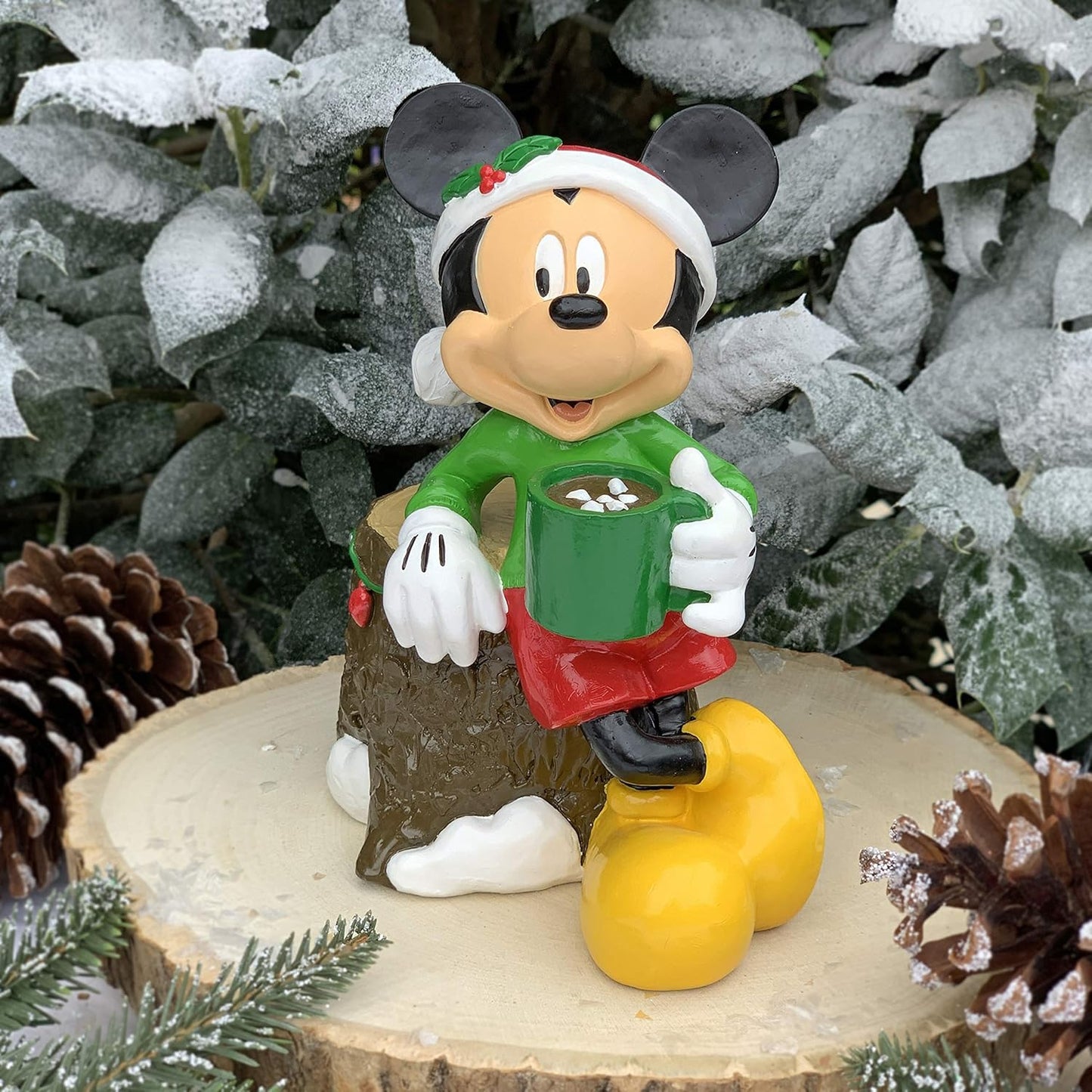 Disney Mickey Mouse Drinking Cocoa Christmas Outdoor Garden Statue, 7 inches Tall, Officially Licensed Disney Product