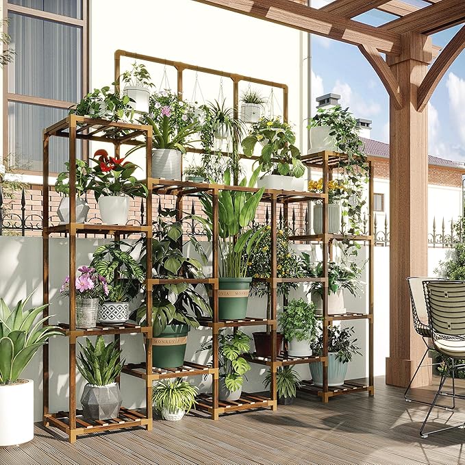 EnHomee 63''H Upgrade Plant Stand Indoor Tall Plant Stands Outdoor with 7 Tiers and 14 Potted Wood Plants Shelves Stand Load-Bearing 600 LBS 11.8''x56''x63''