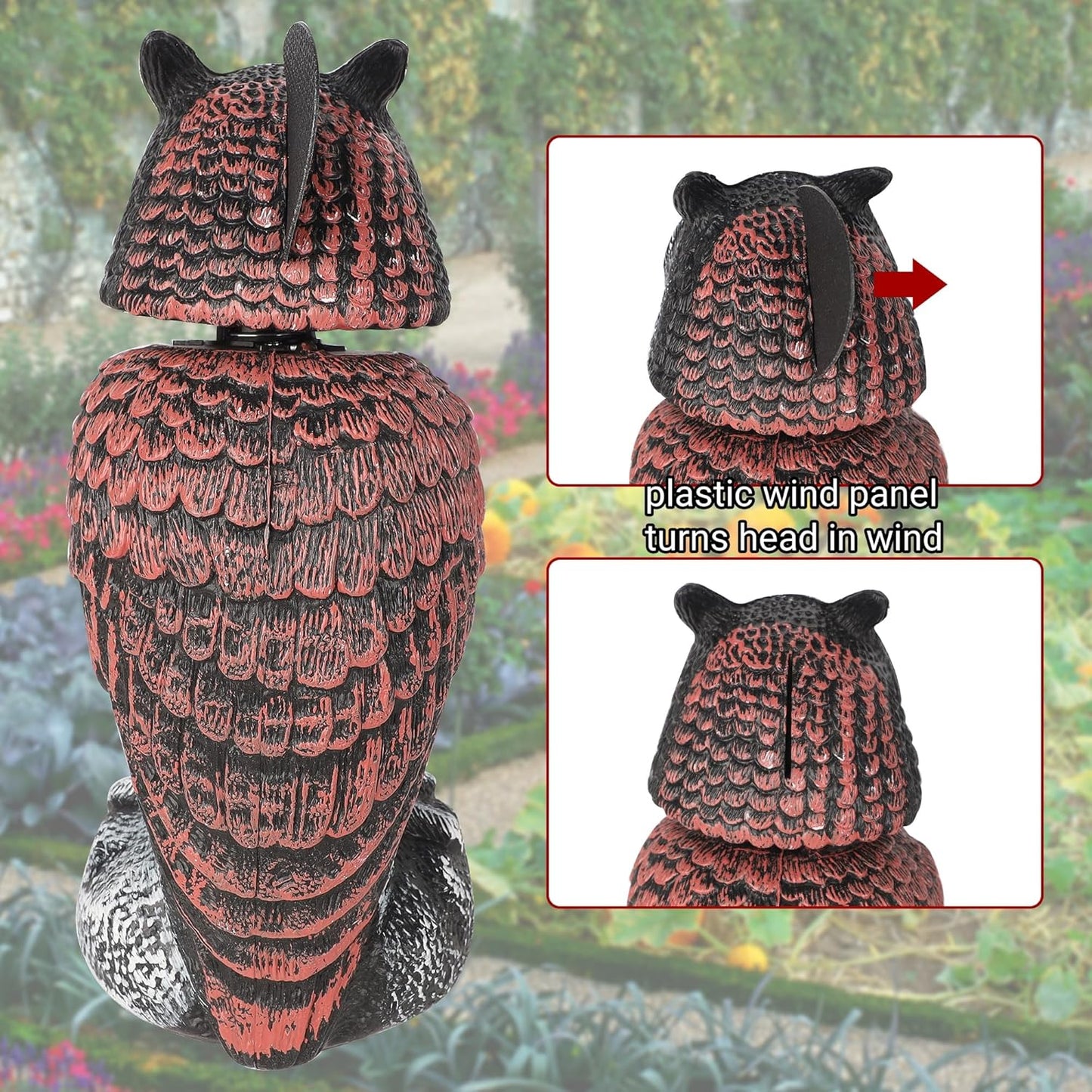 Hausse 3 Pack Bird Scarecrow Fake Owl Decoy Sculpture, Rotating Head Plastic Owl Bird Deterrents, 10.6 Inch Height Nature Enemy Horned Pest Repellent for Outdoor Garden Yard