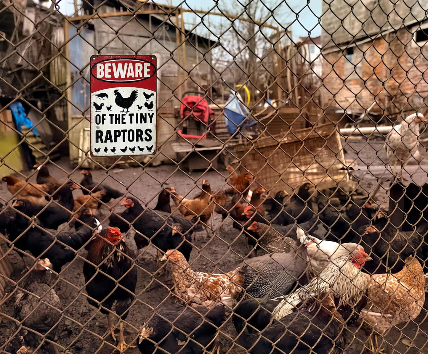 Funny Gifts for Women Chicken Lovers Farm Enthusiasts Beware of The Tiny Raptor Chicken Tin Sign for Chicken Coop Farm Kitchen Garden Yard Decor 8 X 12 Inch (3921)