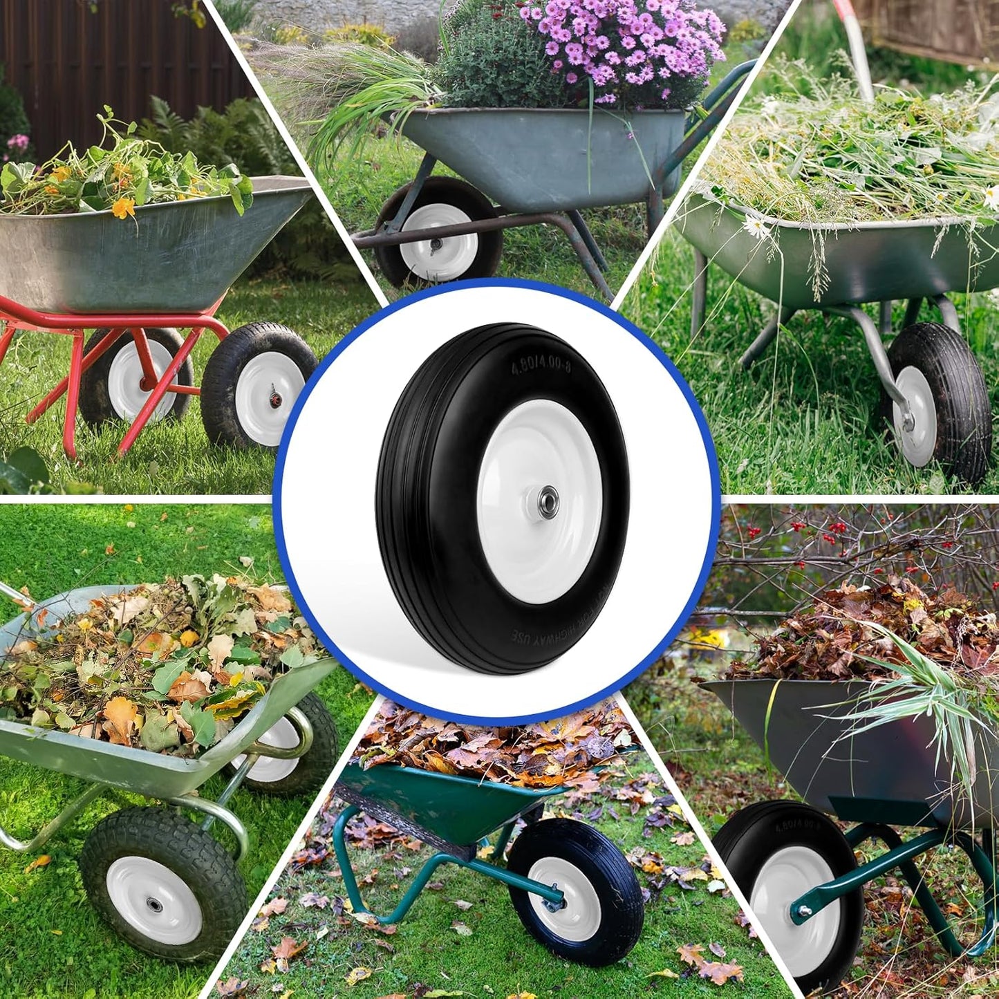 14.5'' Wheelbarrow Tires, 4.80/4.00-8 Solid Flat Free Tire Wheel with 3/4" & 5/8" Bearing, 3"-7'' Hub, Universal Replacement Solid Tire for Hand Truck/Utility Cart Fits 3.50/2.50-8, 4.00-6