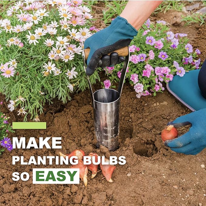 Bulb Planter Tool, 6 Inches Depth Mark Hand Bulb Planter, Non-Bending Stainless Steel Bulb Planter Digger, Garden Bulb Transplanter with Comfortable Grip Wooden Handle for Tulip and Daffodils
