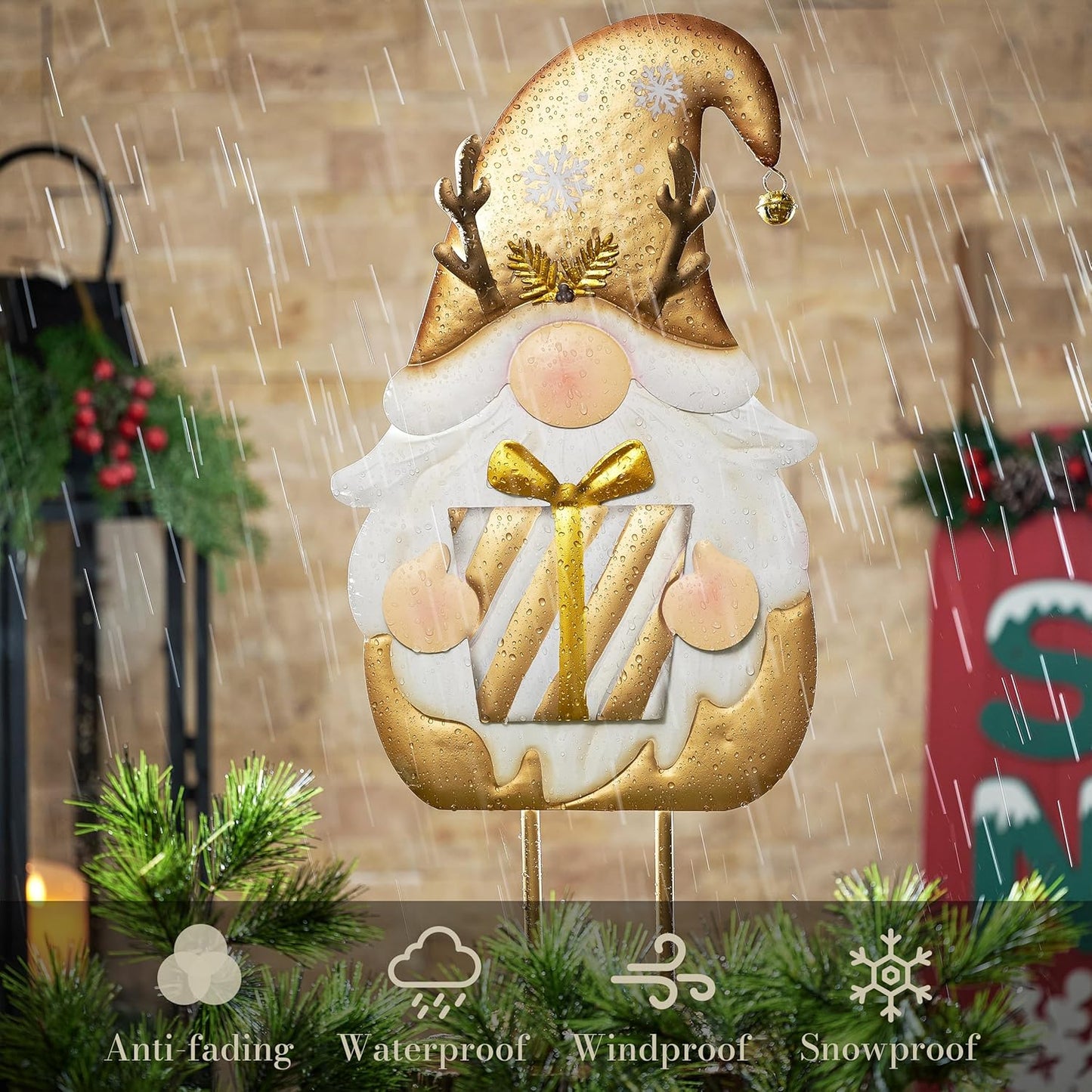 TERESA'S COLLECTIONS Gnome Christmas Decorations,Metal Gold White Santa Holding Gifts,Christmas Gnome Statue for Garden Indoor Outdoor,Decorative Yard Art Sign for Lawn Xmas New Year Winter Decor,24"