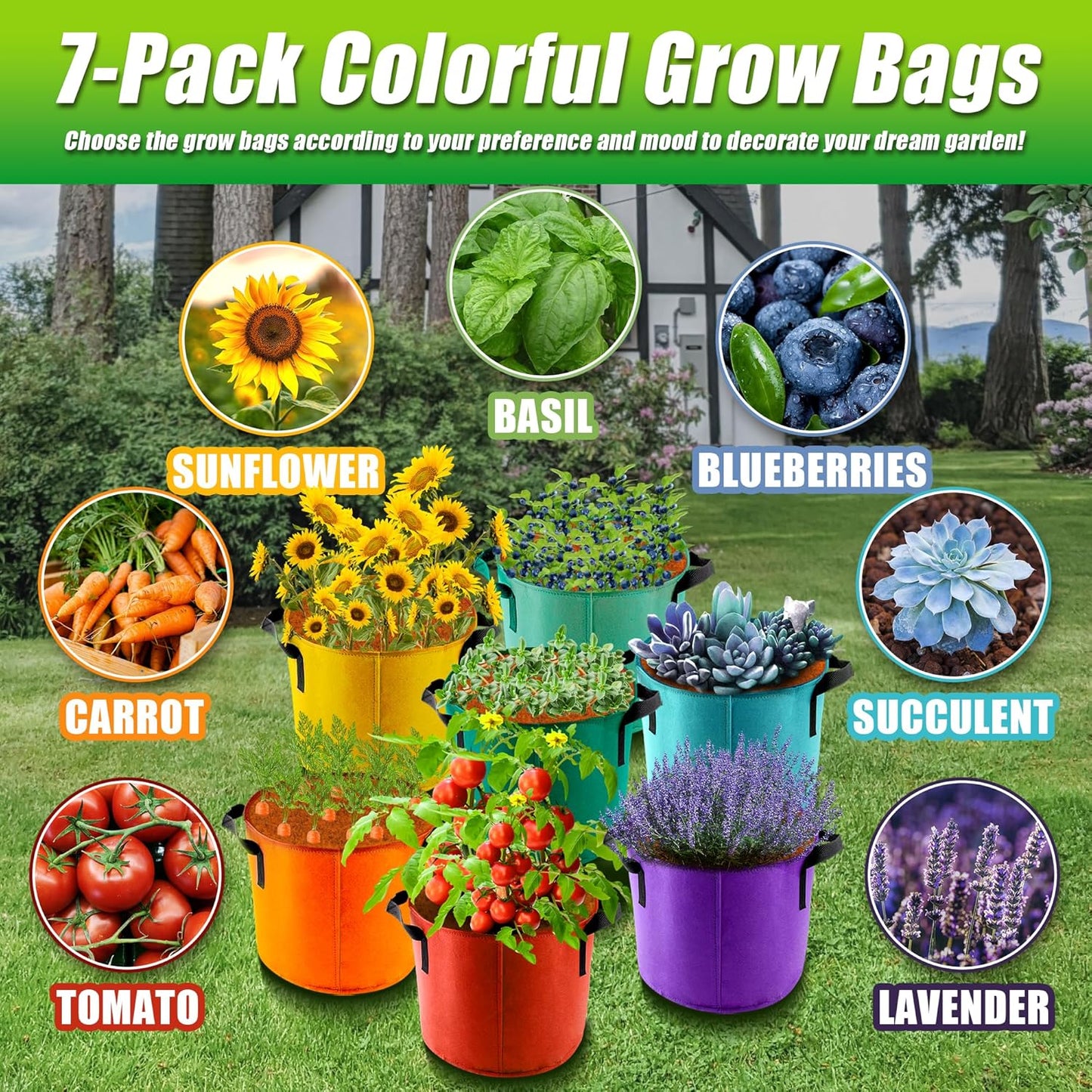 15 Gallon Grow Bags, 7 Pack Colorful Fabric Plant Pots with Handles for Garden and Outdoor Planting
