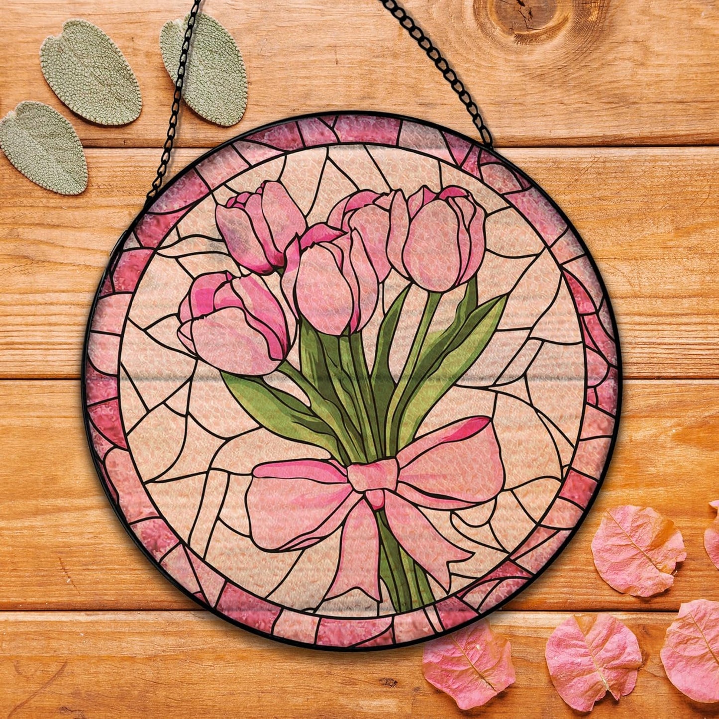 Coquette Pink Bow Tulip Flower Suncatcher Stained Glass Garden Window Hanging, Pink Tulip Flower Sun Catchers Indoor Window Glass Round Wall Decor, Floral Wall Art Hanging Decorations, "7.8x7.8"