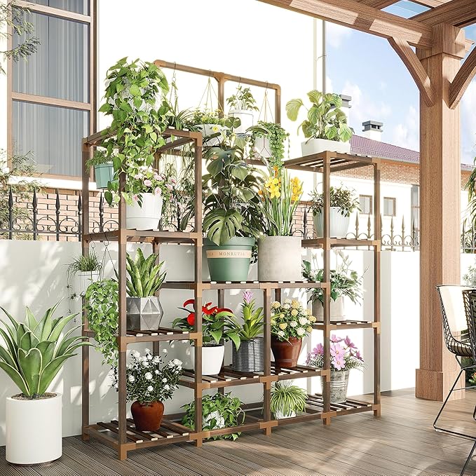 EnHomee Large Plant Stand Indoor Outdoor Wood Tiered Plant Shelf for Multiple Plants 6 Tiers with 12 Potted Plants Holder Tables 44.9" W x 11.8" D x 62.2" H