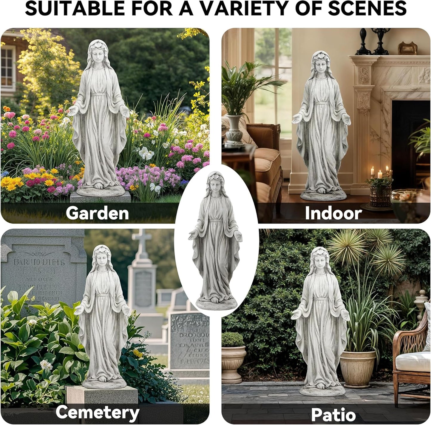 Virgin Mary Statue for Outdoor, Large 30 Inch Garden Sculpture Made of Durable Magnesium Oxide Stone, Religious Lawn Art for Yard,Patio, Finish for Peaceful Blessings Antique White