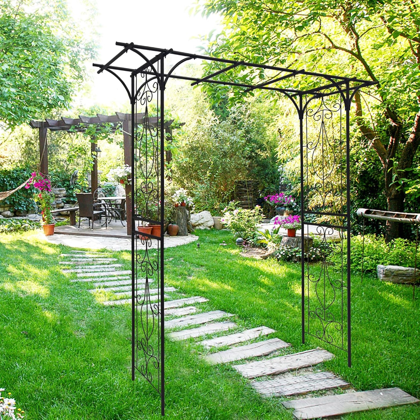 Metal Garden Arch, Garden Arch Trellis for Climbing Plants Outdoor, Garden Arbor for Weddings Party Events Decoration, 80" L X 20.5" W X 81" H, Black