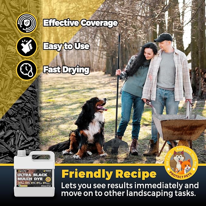 32oz Concentrated Ultra Black Mulch Dye with Gloves, Liquid Rubber Dye Spray Covers up to 3,600 Sq. Ft, Long-Lasting Finish Black Bark Paint for Mulch Restoration and Enhancement Landscaping