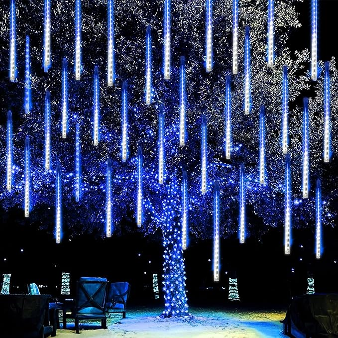 Dazzle Bright 288 LED Christmas Light, 11.8 Inch Meteor Shower Rain Lights with 8 Tubes,Waterproof Plug in Falling Rain Lights Christmas Decorations for Xmas Bushes Tree Yard Party, Blue and White